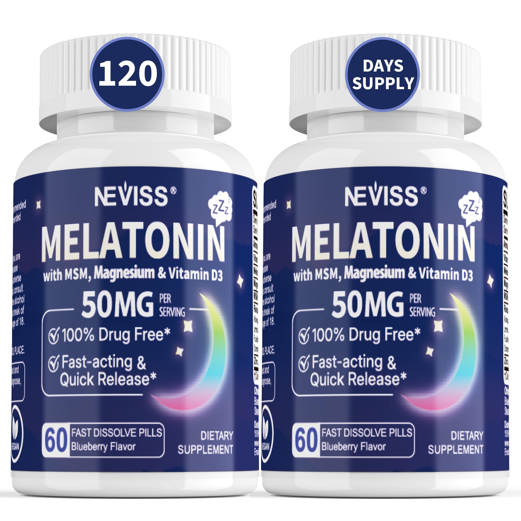 NEVISS Melatonin 50 mg for Adults - Extra Strength 9-in-1 Fast Dissolve Sublingual - High Dose with Magnesium Glycinate, Vitamin D3, Ashwagandha, Lemon Balm, Chamomile, Sugar Free,Vegan 120 Tablets