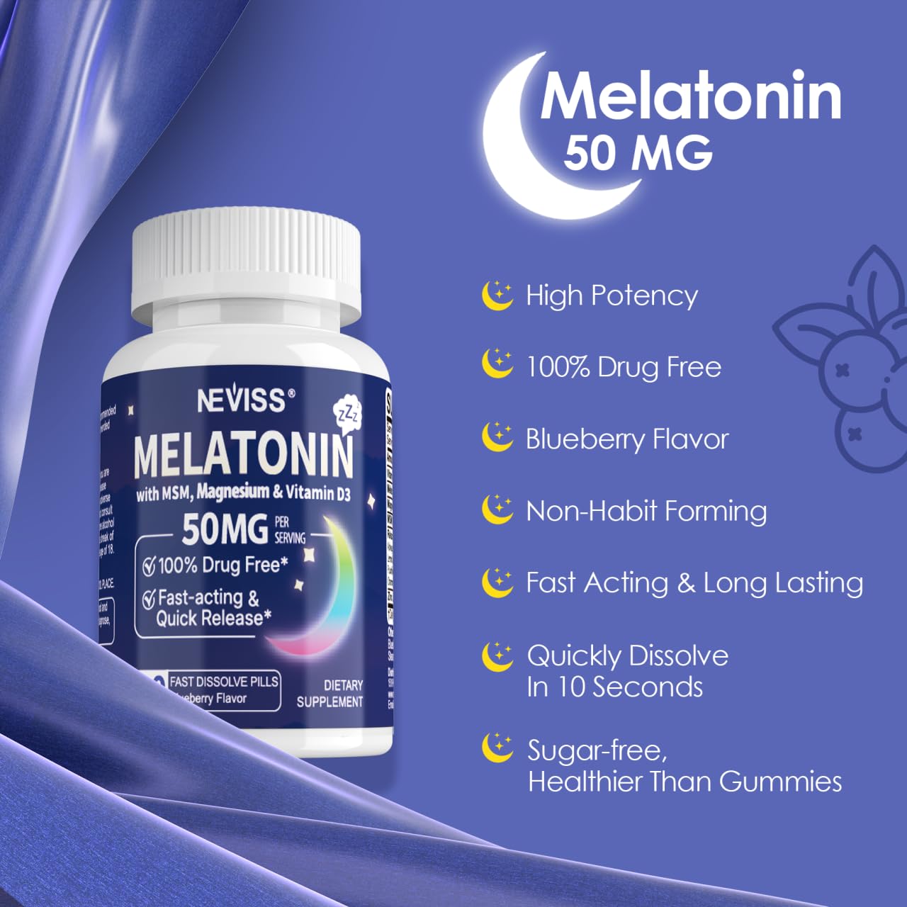 NEVISS Melatonin 50 mg for Adults - Extra Strength 9-in-1 Fast Dissolve Sublingual - High Dose with Magnesium Glycinate, Vitamin D3, Ashwagandha, Lemon Balm, Chamomile, Sugar Free,Vegan 120 Tablets