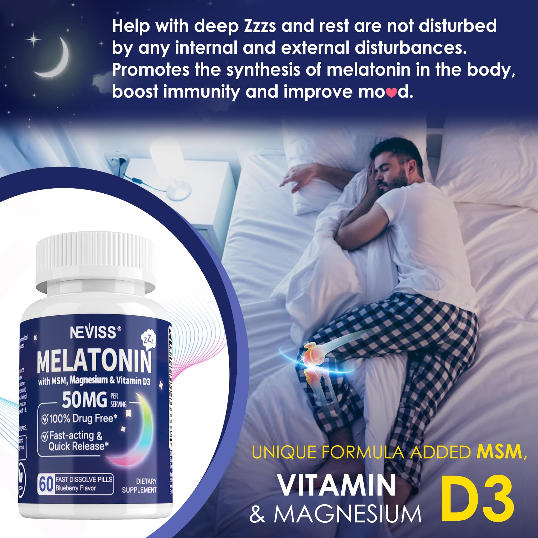 NEVISS Melatonin 50 mg for Adults - Extra Strength 9-in-1 Fast Dissolve Sublingual - High Dose with Magnesium Glycinate, Vitamin D3, Ashwagandha, Lemon Balm, Chamomile, Sugar Free,Vegan 120 Tablets