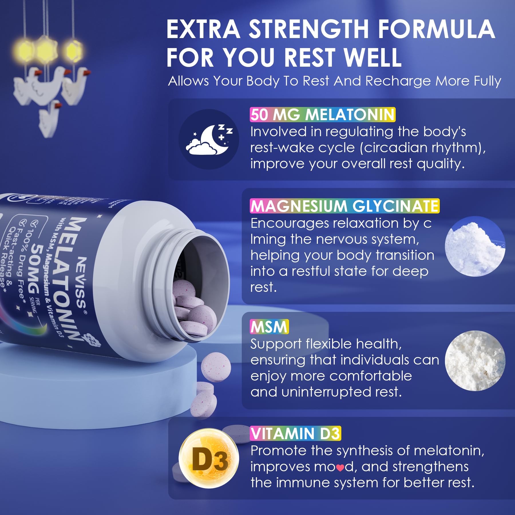 NEVISS Melatonin 50 mg for Adults - Extra Strength 9-in-1 Fast Dissolve Sublingual - High Dose with Magnesium Glycinate, Vitamin D3, Ashwagandha, Lemon Balm, Chamomile, Sugar Free,Vegan 120 Tablets