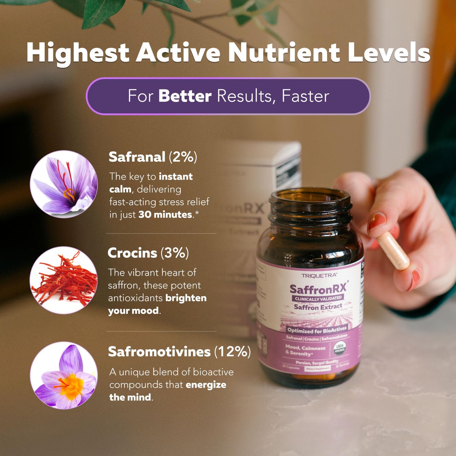 Organic Saffron Extract: Optimized Extract with Safromotivines, Safranal, and Crocins – Clinically Studied | Premium Persian Sargol Quality | Supports Mood, Calmness, and Relaxation – 30 Servings