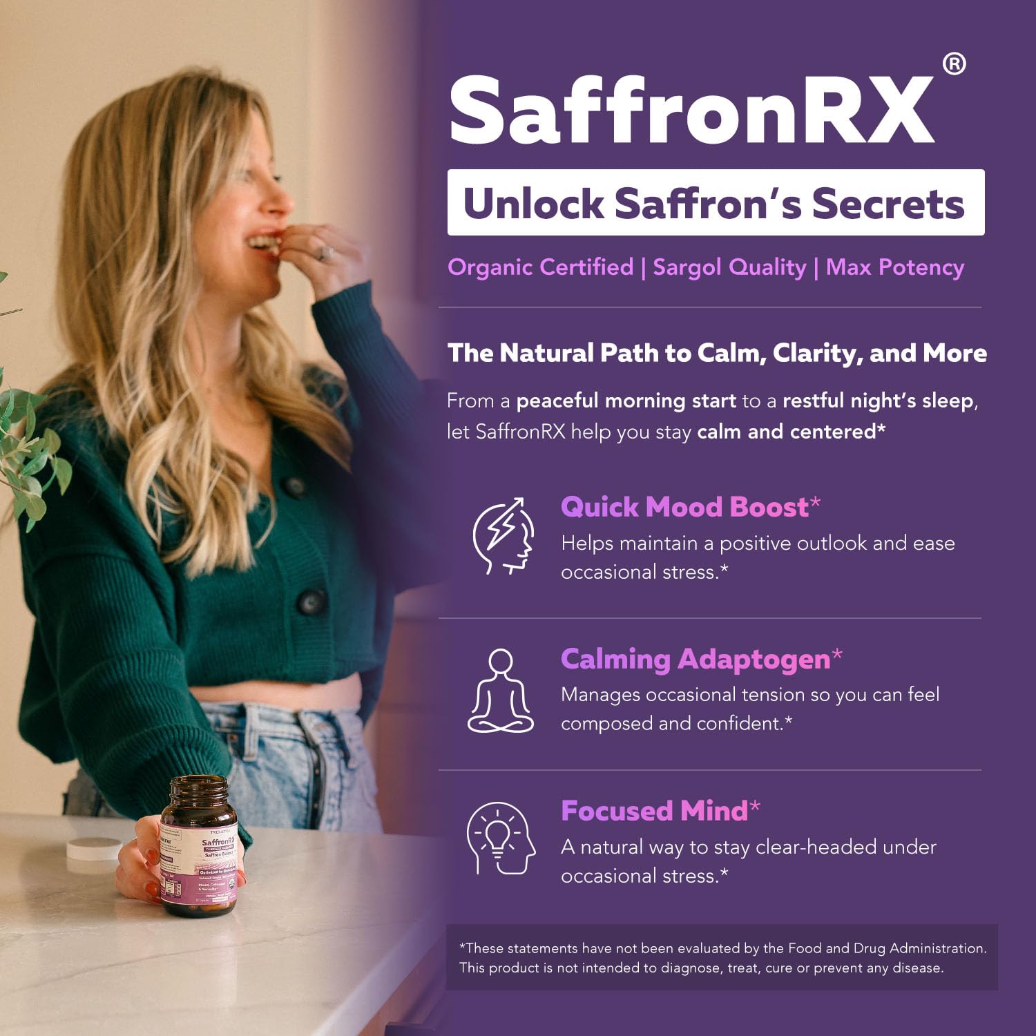 Organic Saffron Extract: Optimized Extract with Safromotivines, Safranal, and Crocins – Clinically Studied | Premium Persian Sargol Quality | Supports Mood, Calmness, and Relaxation – 30 Servings