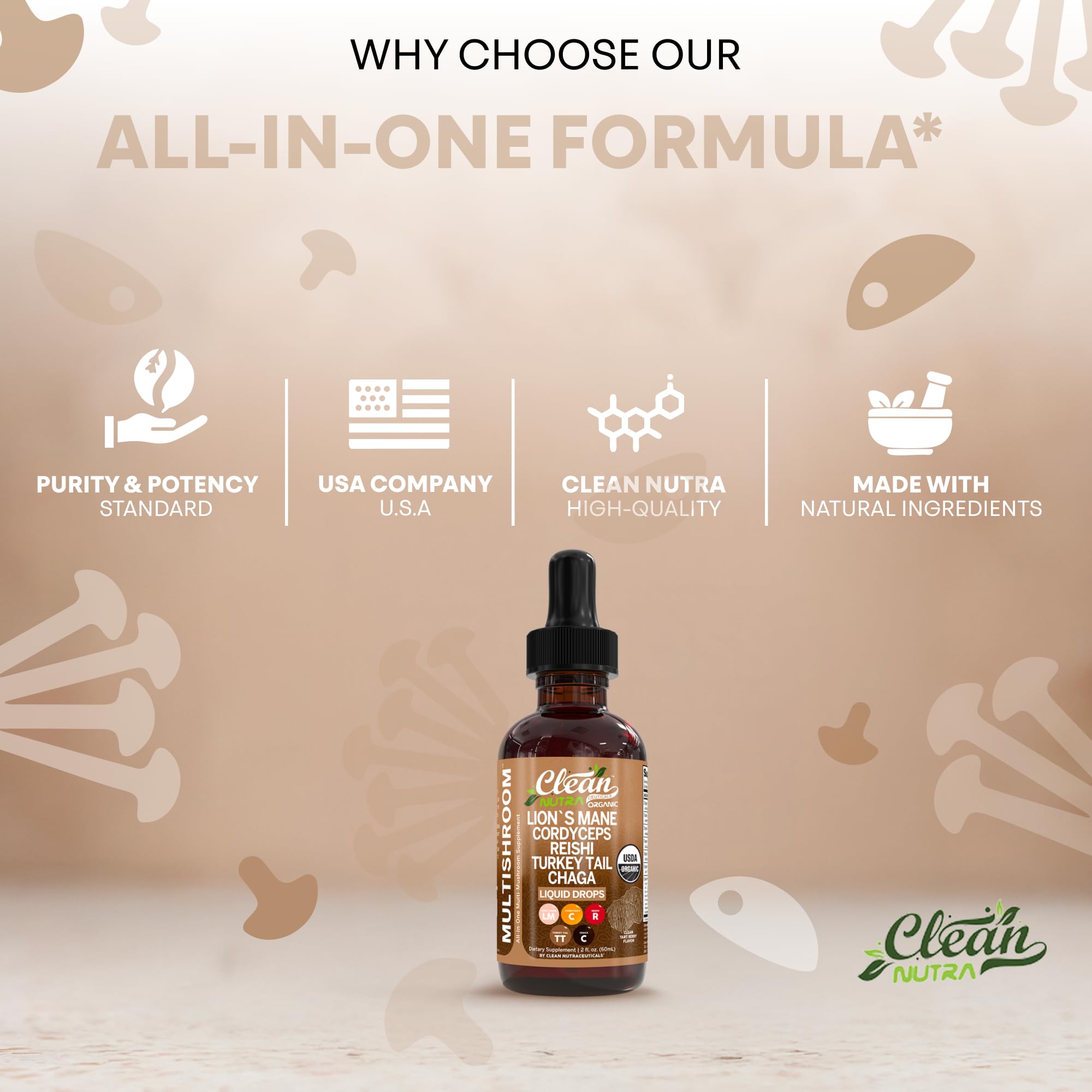 Organic Lions Mane Mushroom Supplement Liquid Drops + Turkey Tail Cordyceps Reishi Chaga Shitake Maitake Tremella Oyster Mushrooms Poria and Enokitake Complex Blend by Clean Nutra