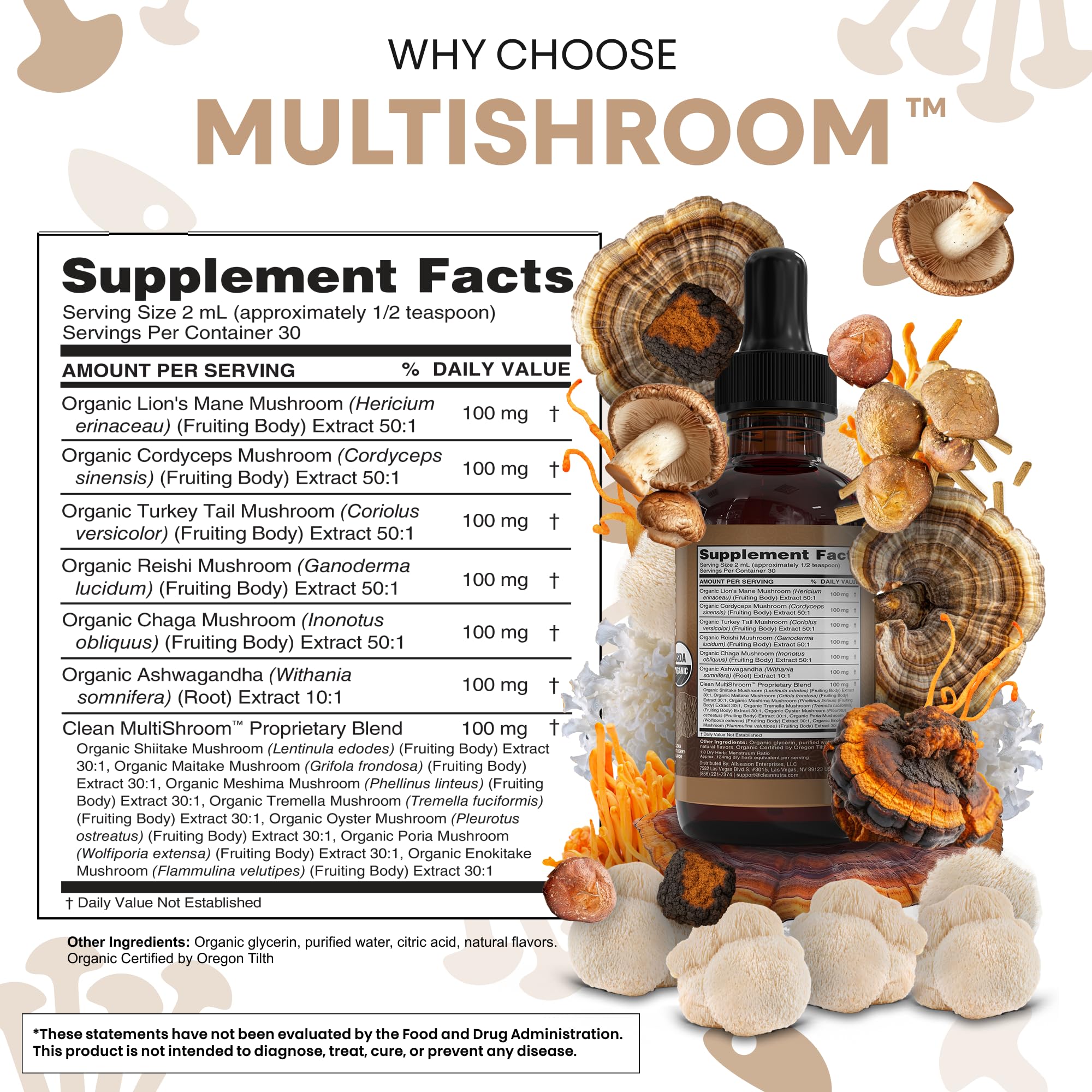 Organic Lions Mane Mushroom Supplement Liquid Drops + Turkey Tail Cordyceps Reishi Chaga Shitake Maitake Tremella Oyster Mushrooms Poria and Enokitake Complex Blend by Clean Nutra