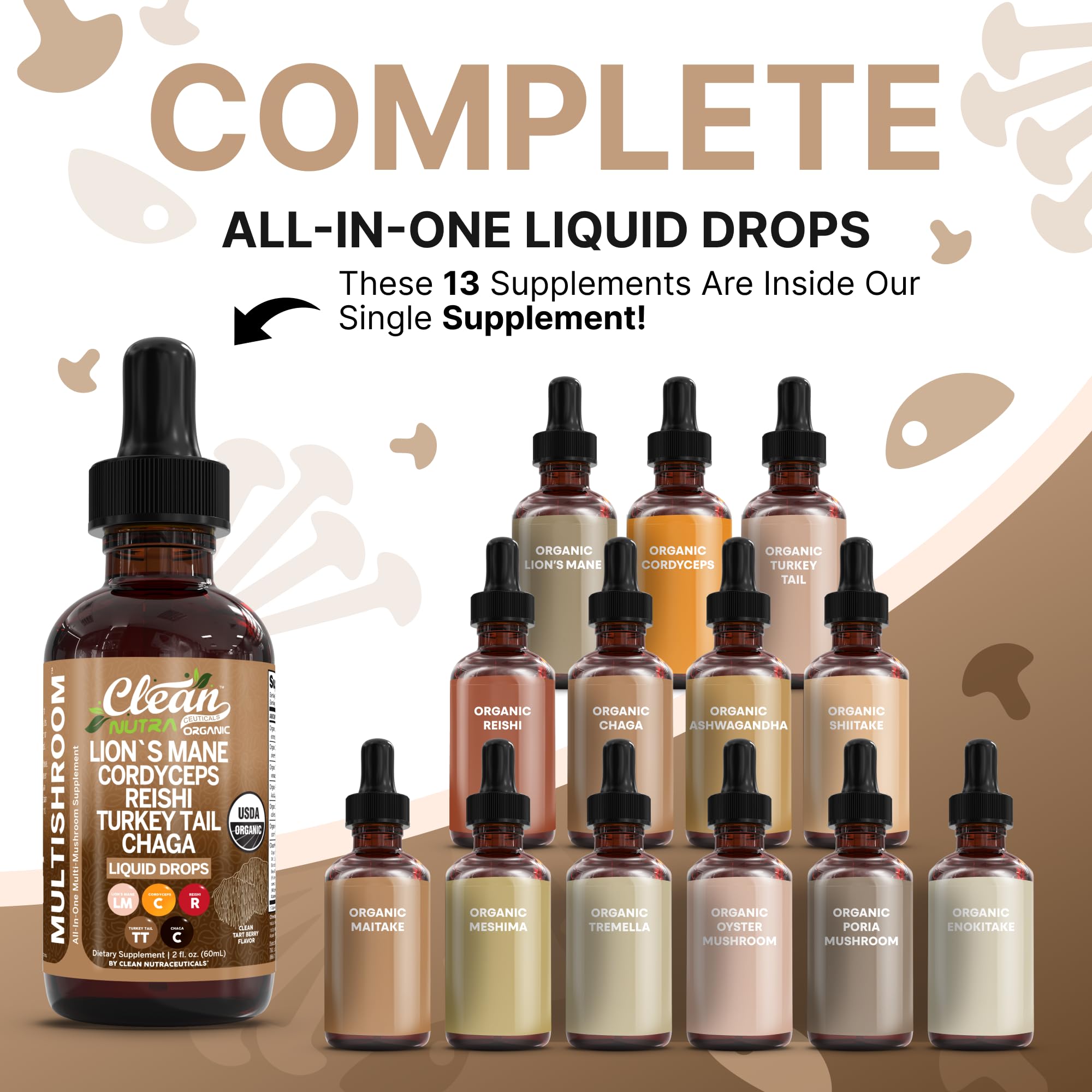 Organic Lions Mane Mushroom Supplement Liquid Drops + Turkey Tail Cordyceps Reishi Chaga Shitake Maitake Tremella Oyster Mushrooms Poria and Enokitake Complex Blend by Clean Nutra