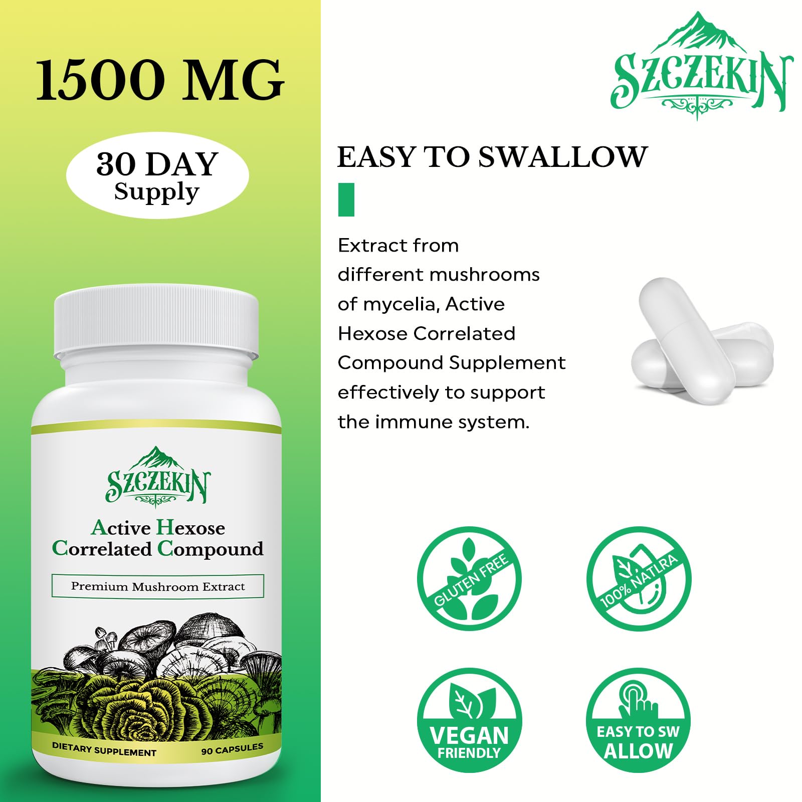 SZCZEKIN Active Hexose Correlated Compound 1500 mg Supplement, Natural 8 Mushroom Extract Supplement, Immune System, Liver Function, Natural Killer and T Cells Activity, 90 Veggie Capsules