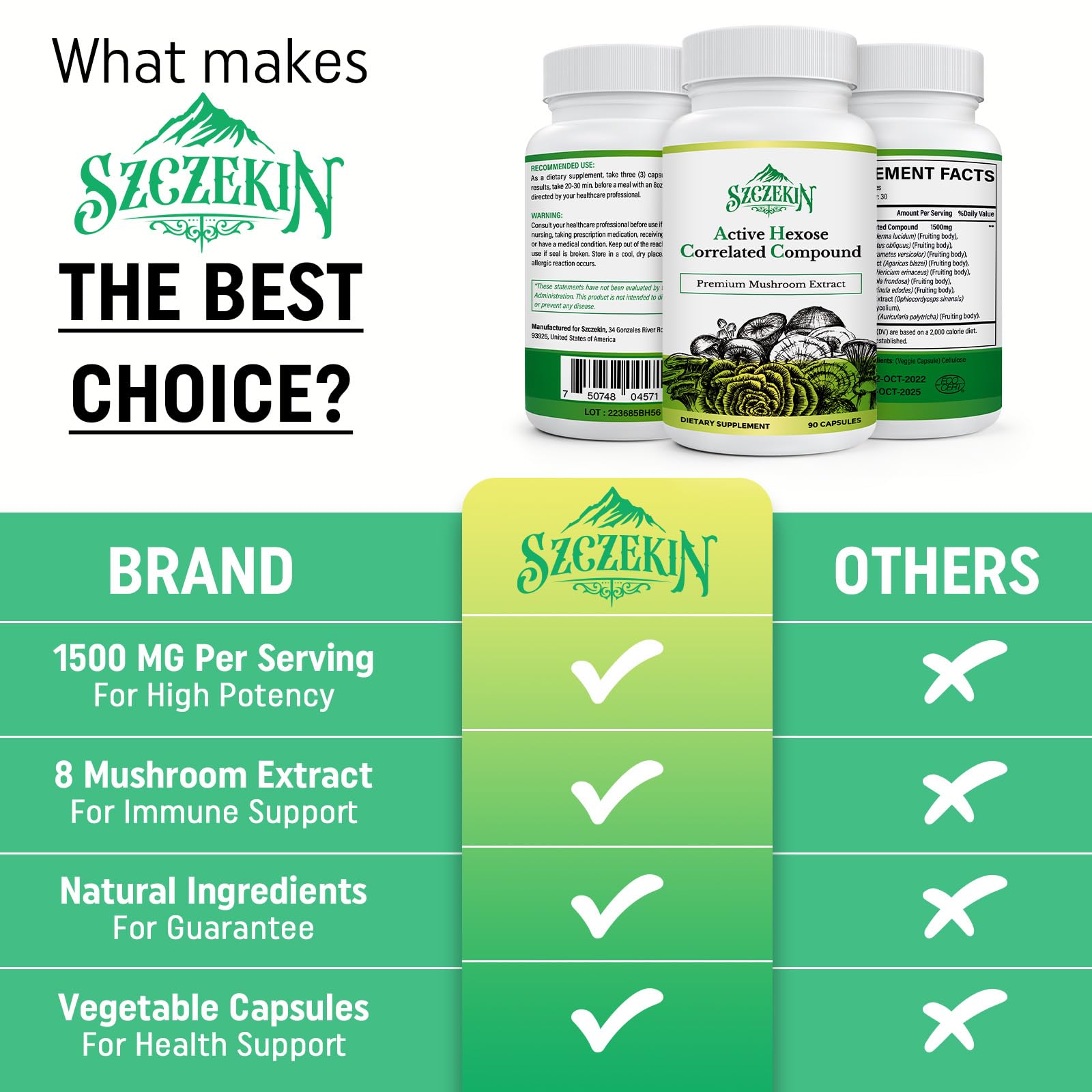 SZCZEKIN Active Hexose Correlated Compound 1500 mg Supplement, Natural 8 Mushroom Extract Supplement, Immune System, Liver Function, Natural Killer and T Cells Activity, 90 Veggie Capsules