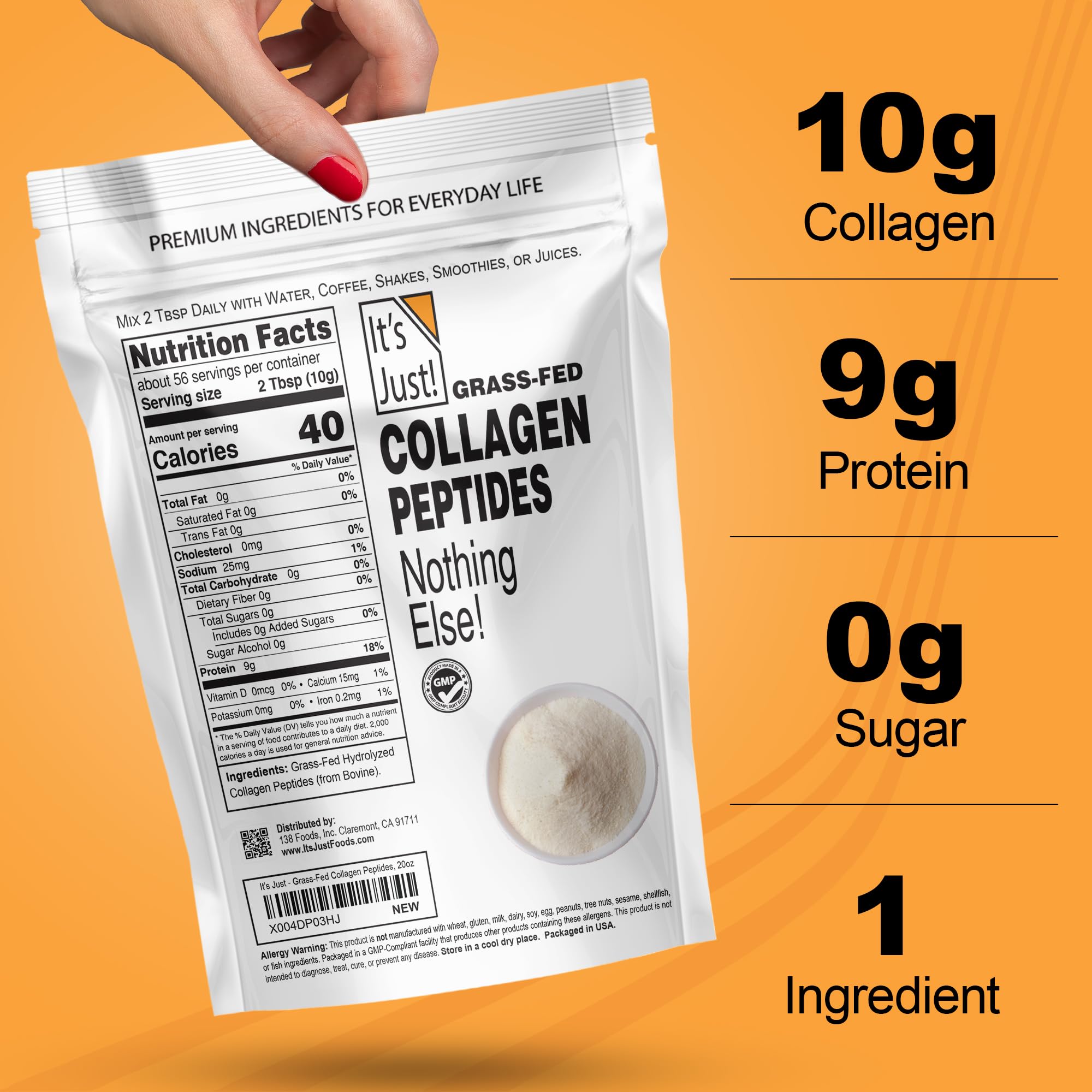 It's Just! - Collagen Peptides (1.25lb) Grass-Fed Protein Powder, Unflavored, GLP-1 Friendly, Heavy Metal Tested by 3rd Party Lab, Type I & III, Hydrolyzed to Dissolve Quickly, 20oz