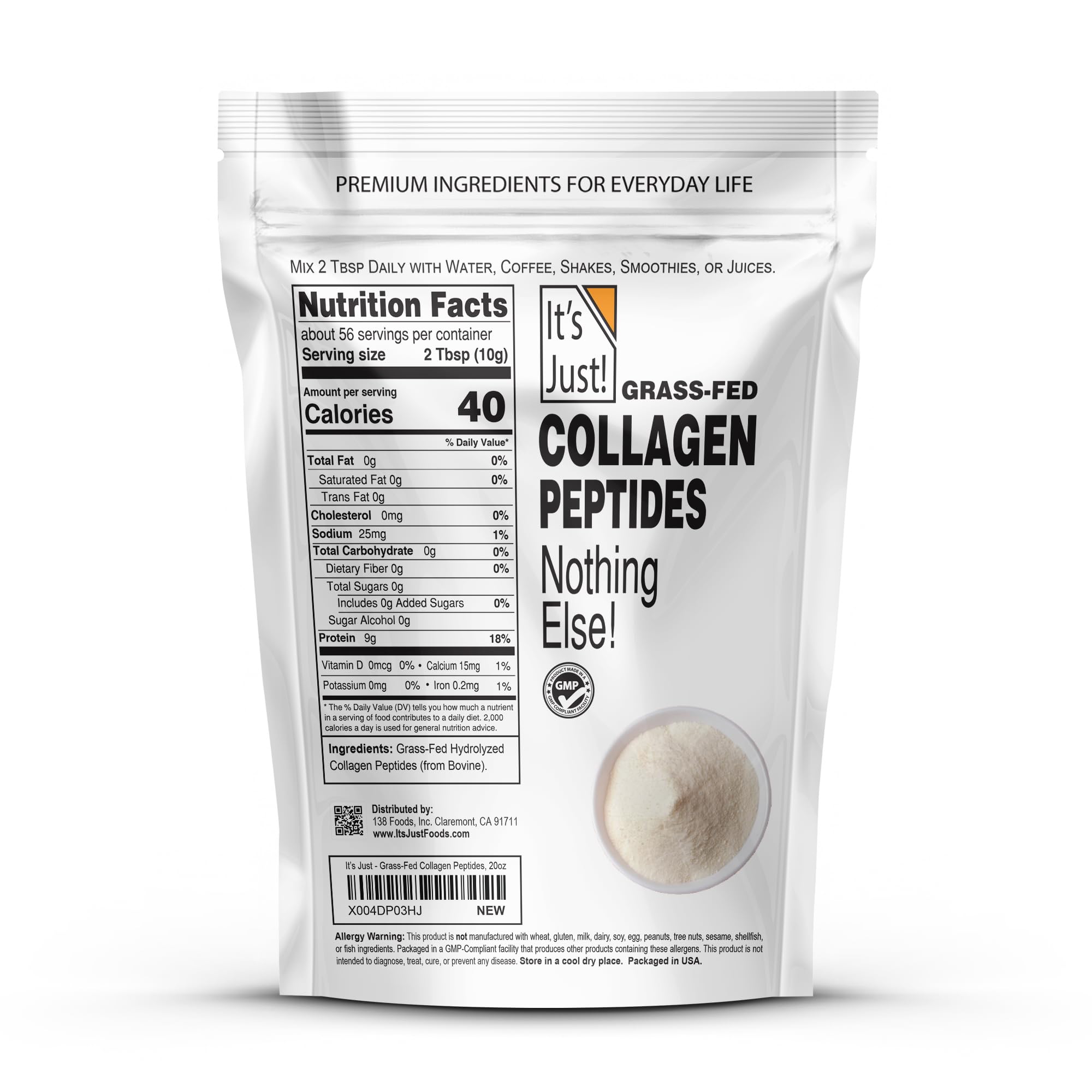 It's Just! - Collagen Peptides (1.25lb) Grass-Fed Protein Powder, Unflavored, GLP-1 Friendly, Heavy Metal Tested by 3rd Party Lab, Type I & III, Hydrolyzed to Dissolve Quickly, 20oz