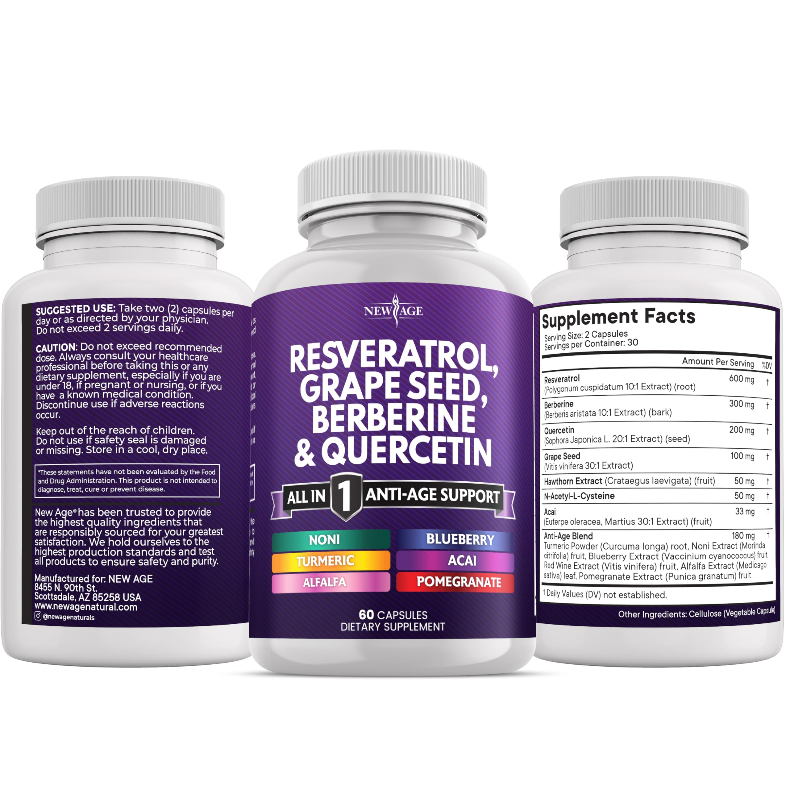 NEW AGE Resveratrol, Berberine, Grape Seed Extract, Quercetin, Polyphenol Supplement for Women and Men with Noni, N-Acetyl Cysteine, Acai - 180 Capsules