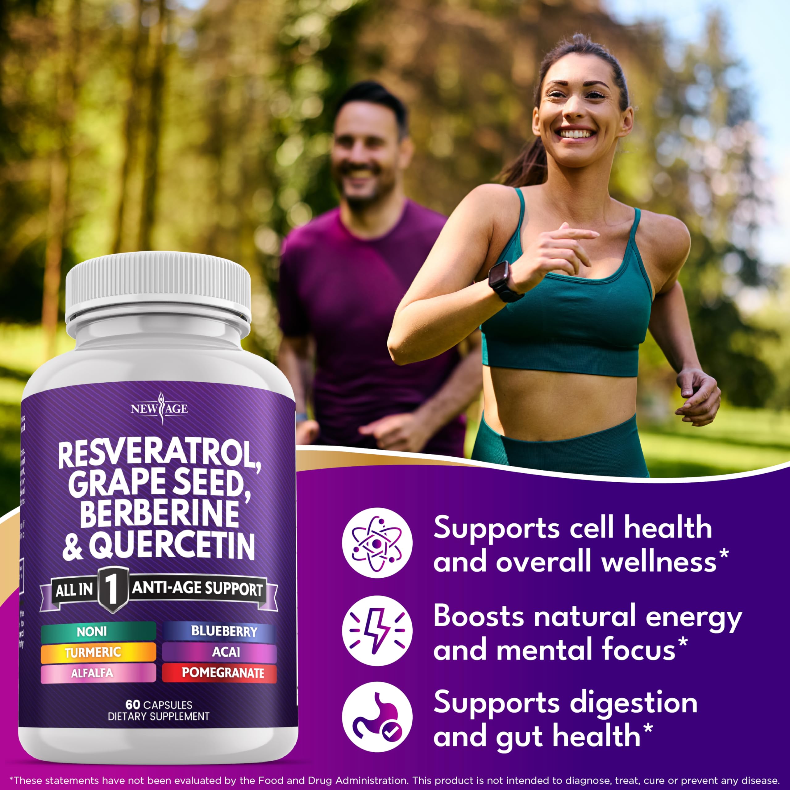 NEW AGE Resveratrol, Berberine, Grape Seed Extract, Quercetin, Polyphenol Supplement for Women and Men with Noni, N-Acetyl Cysteine, Acai - 180 Capsules