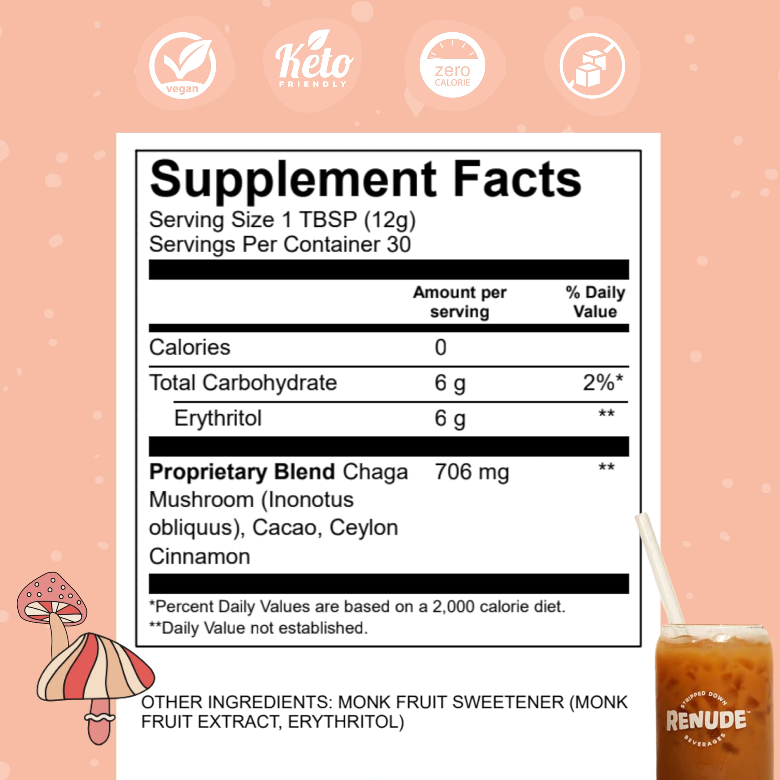 Renude Chagaccino - Chaga Mushroom Powder, Mushroom Coffee Drink Mix with Adaptogens, Natural Energy and Immune Support, Vegan, Keto, Zero Calorie Mushroom Blend Powder - 30 Servings