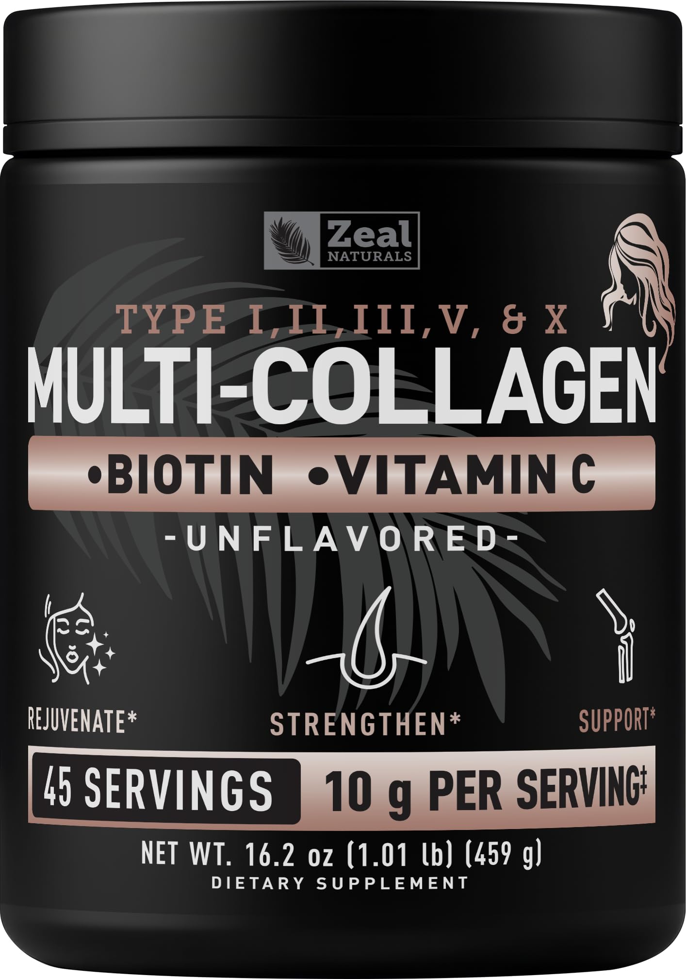 Premium Multi Collagen Peptides Powder (1, 2, 3, 5 & 10) with Protein. Vitamin C, Biotin, Hyaluronic Acid, for Hair Skin and Nails - Marine, Bovine, Chicken & Eggshell (Unflavored, 45 Servings)