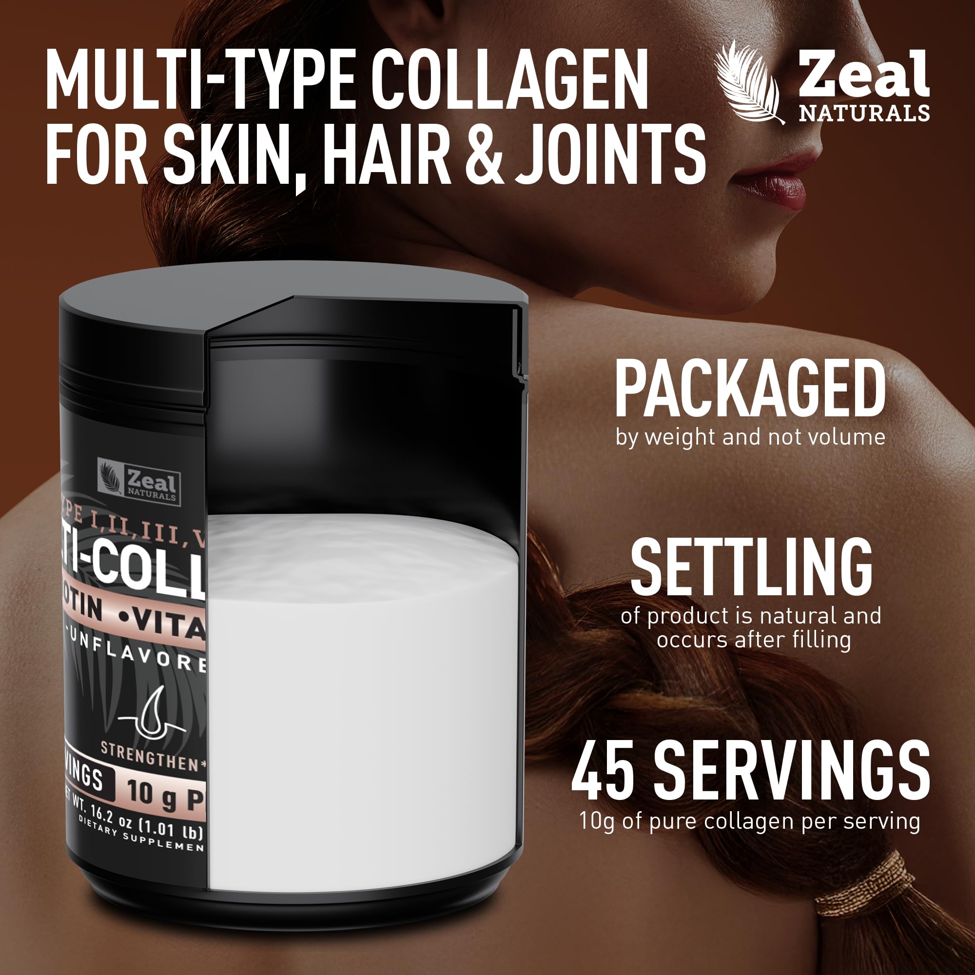 Premium Multi Collagen Peptides Powder (1, 2, 3, 5 & 10) with Protein. Vitamin C, Biotin, Hyaluronic Acid, for Hair Skin and Nails - Marine, Bovine, Chicken & Eggshell (Unflavored, 45 Servings)