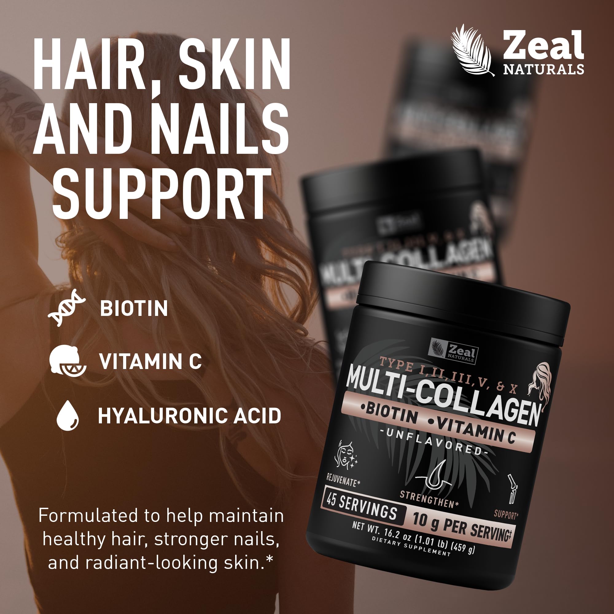 Premium Multi Collagen Peptides Powder (1, 2, 3, 5 & 10) with Protein. Vitamin C, Biotin, Hyaluronic Acid, for Hair Skin and Nails - Marine, Bovine, Chicken & Eggshell (Unflavored, 45 Servings)