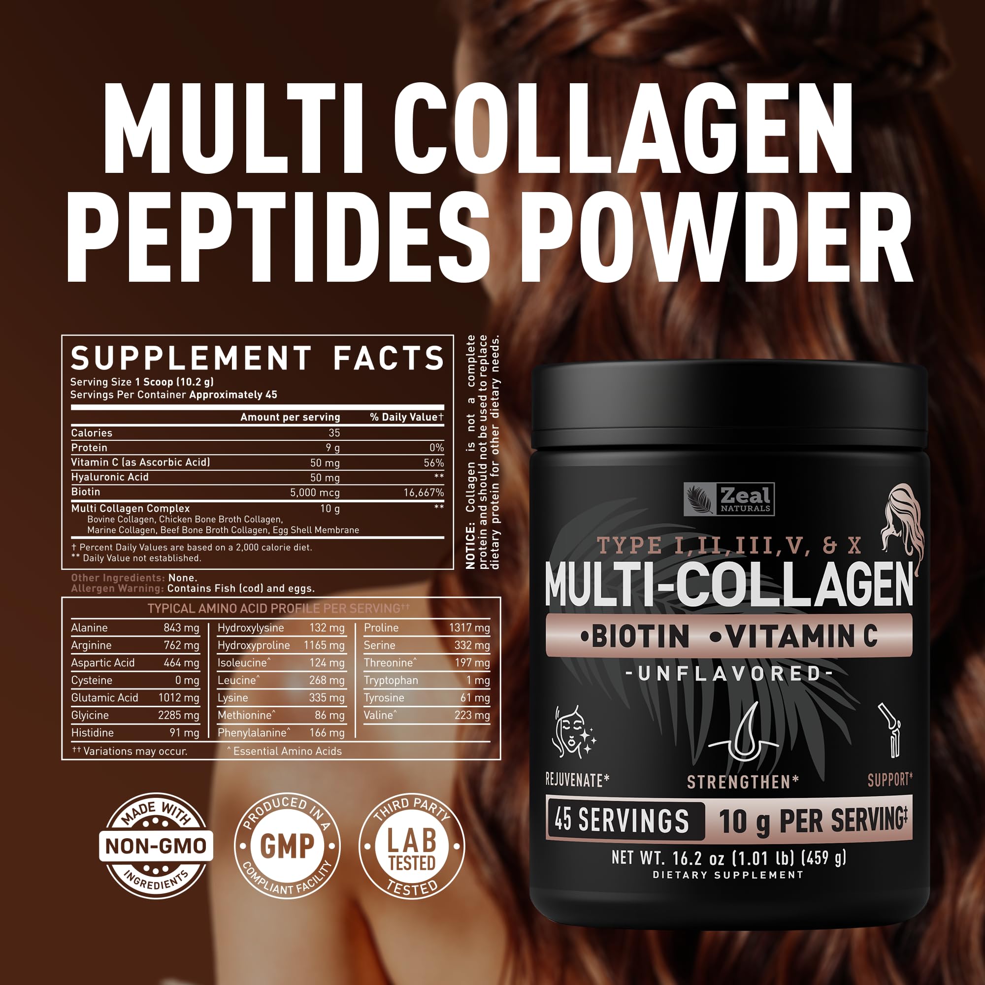 Premium Multi Collagen Peptides Powder (1, 2, 3, 5 & 10) with Protein. Vitamin C, Biotin, Hyaluronic Acid, for Hair Skin and Nails - Marine, Bovine, Chicken & Eggshell (Unflavored, 45 Servings)