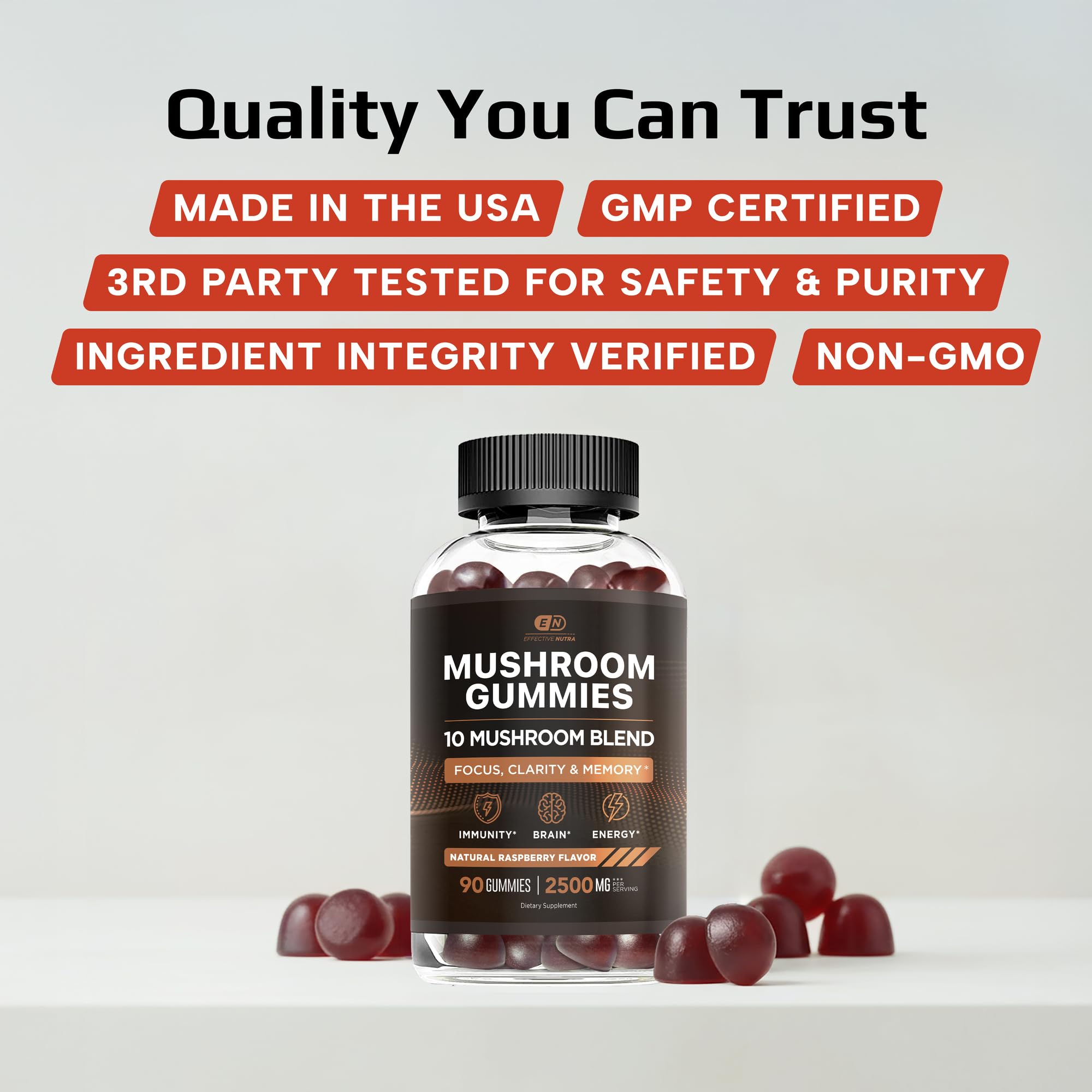 Effective Nutra Mushroom Gummies 2500mg - 10in1 Lion’s Mane, Reishi, Chaga, Cordyceps & More - Focus, Clarity, Memory, Immunity, Energy - Natural Raspberry Flavor, Vegan, Made in USA (90 Count)