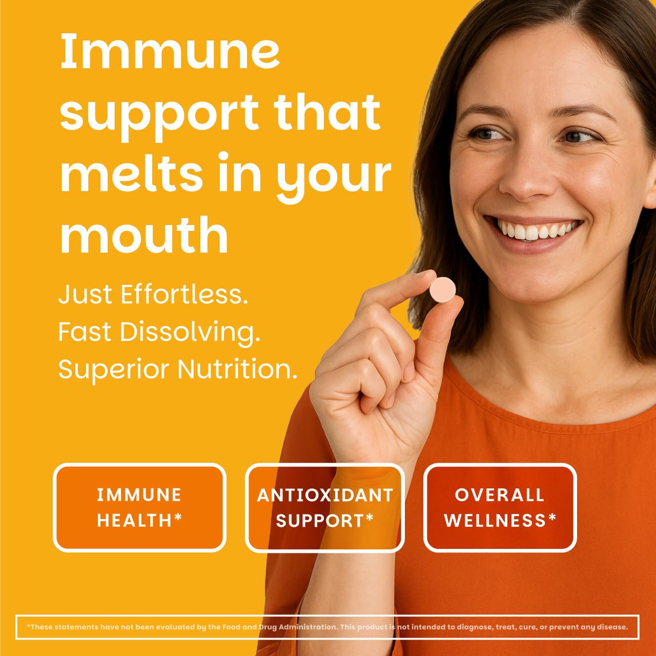 EZ Melts Vitamin C - Daily Vitamin for Antioxidant & Immune Support - No Artificial Flavors - Non-GMO & Sugar-Free - Orange Citrus - 60 Dissolvable Tablets (30 Servings)