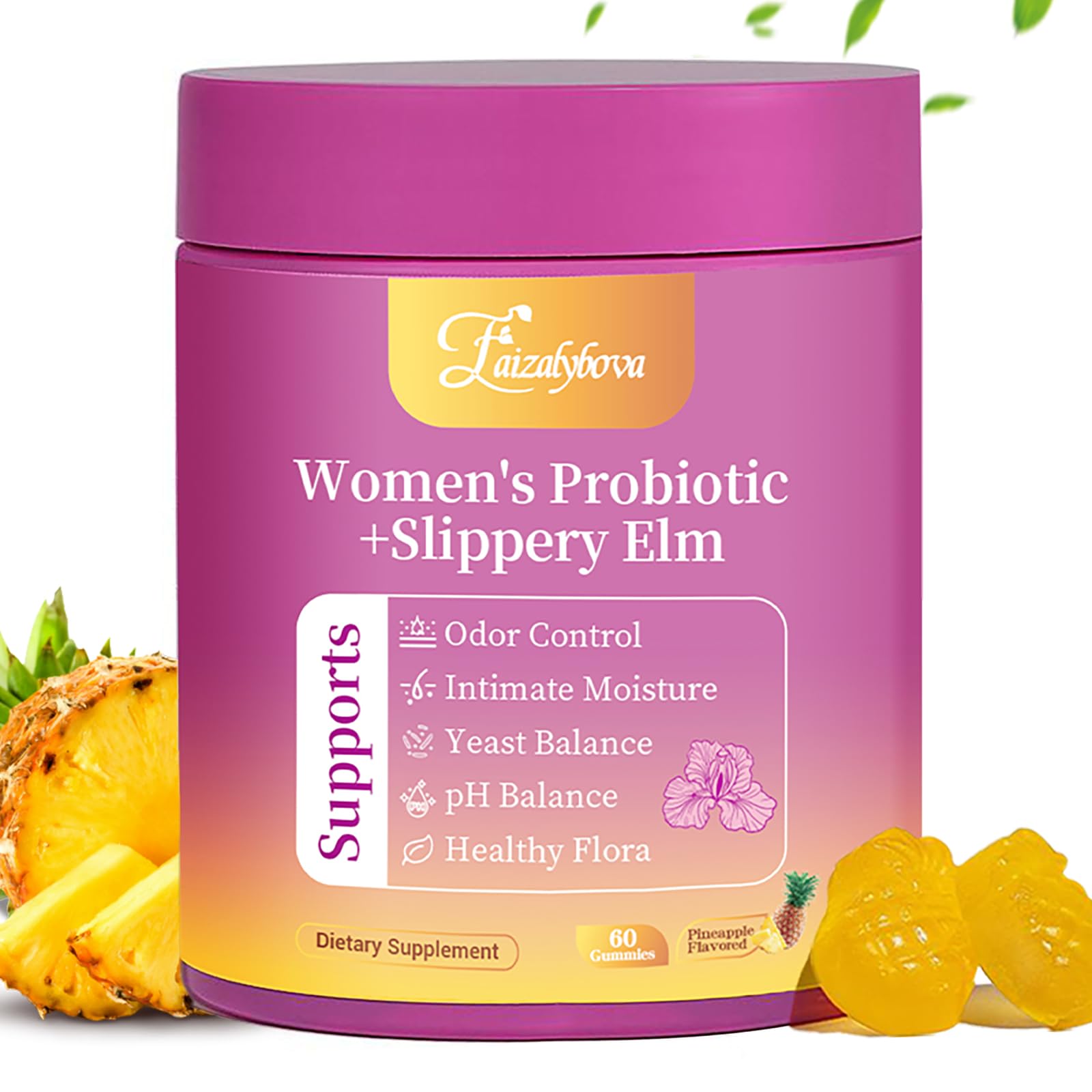 Faizalybova Her Juicy Feminine Probiotics Gummies with Slippery Elm, Tropical Pineapple Flavor | Supports ph Balance for Women, Digestive & Immune Health | 60 Gummies (1 Pack)