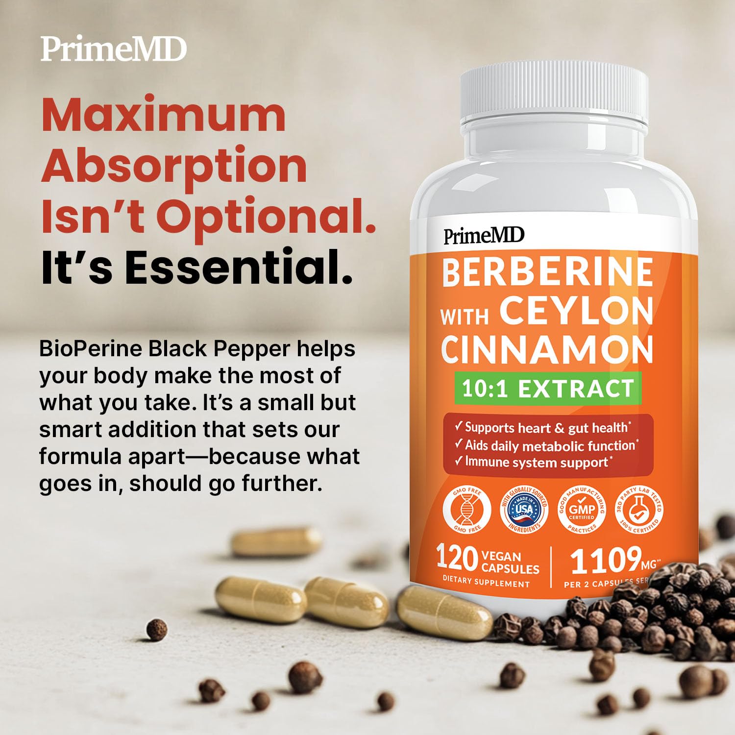 21-in-1 Berberine Supplement with Ceylon Cinnamon with Chromium, Bitter Melon and Green Tea Extract and Black Pepper Extract 5X for Energy & Metabolism Support with 5279 mg (120 ct, Pack of 1)