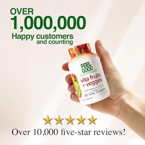 FeelGood Superfoods Vita Fruits and Veggies Capsules - 25 Superfood Ingredients, Fruit and Vegetable Multivitamin, 60 Count - for Men and Women - Vitamins A, C, D, E, B and Zinc