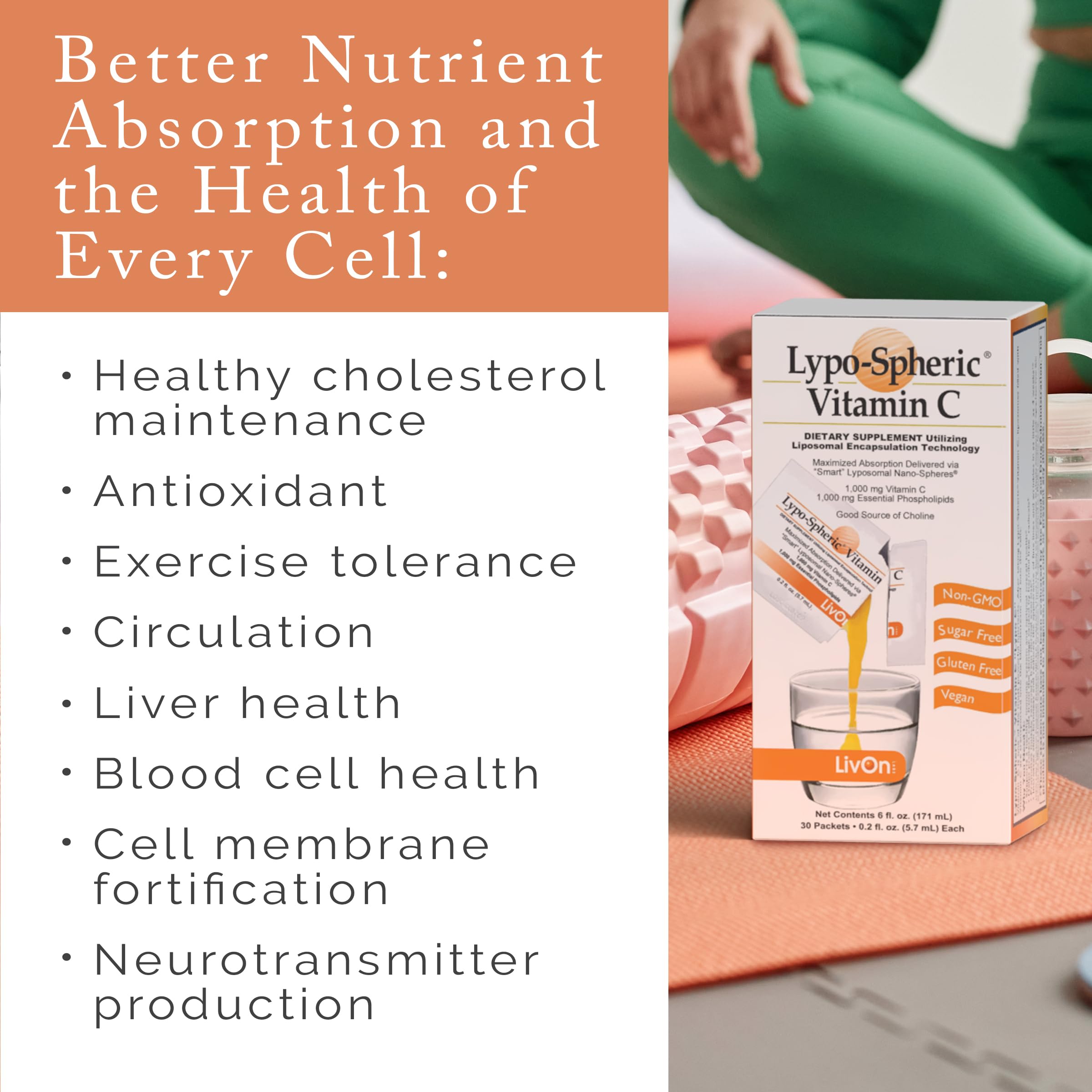 LivOn Laboratories Lypo–Spheric Vitamin C, 1000 mg Vitamin C & 1000 mg Essential Phospholipids Per Packet, Liposome Encapsulated for Improved Absorption, 100% Non–GMO, 1 Carton, 0.2 Fl Oz (Pack of 30)