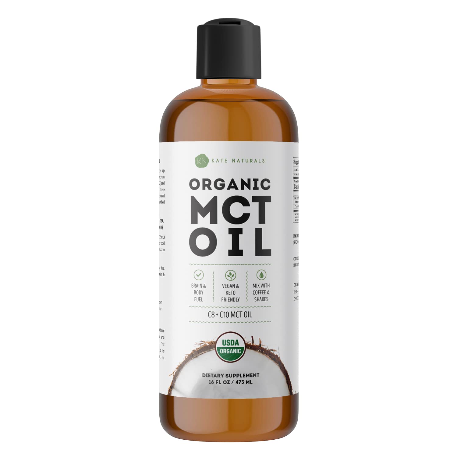Kate Naturals MCT Oil for Coffee & Keto (16oz) USDA Certified Organic MCT Oil Liquid with only C8 & C10. Odorless Fuel for Body & Mind. No Aftertaste