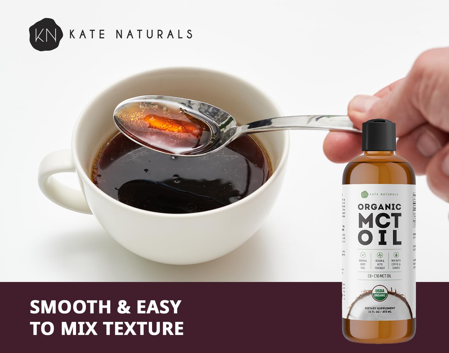 Kate Naturals MCT Oil for Coffee & Keto (16oz) USDA Certified Organic MCT Oil Liquid with only C8 & C10. Odorless Fuel for Body & Mind. No Aftertaste