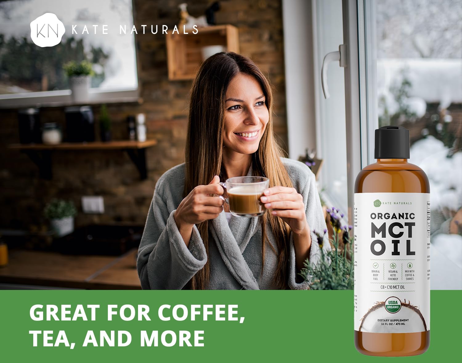 Kate Naturals MCT Oil for Coffee & Keto (16oz) USDA Certified Organic MCT Oil Liquid with only C8 & C10. Odorless Fuel for Body & Mind. No Aftertaste