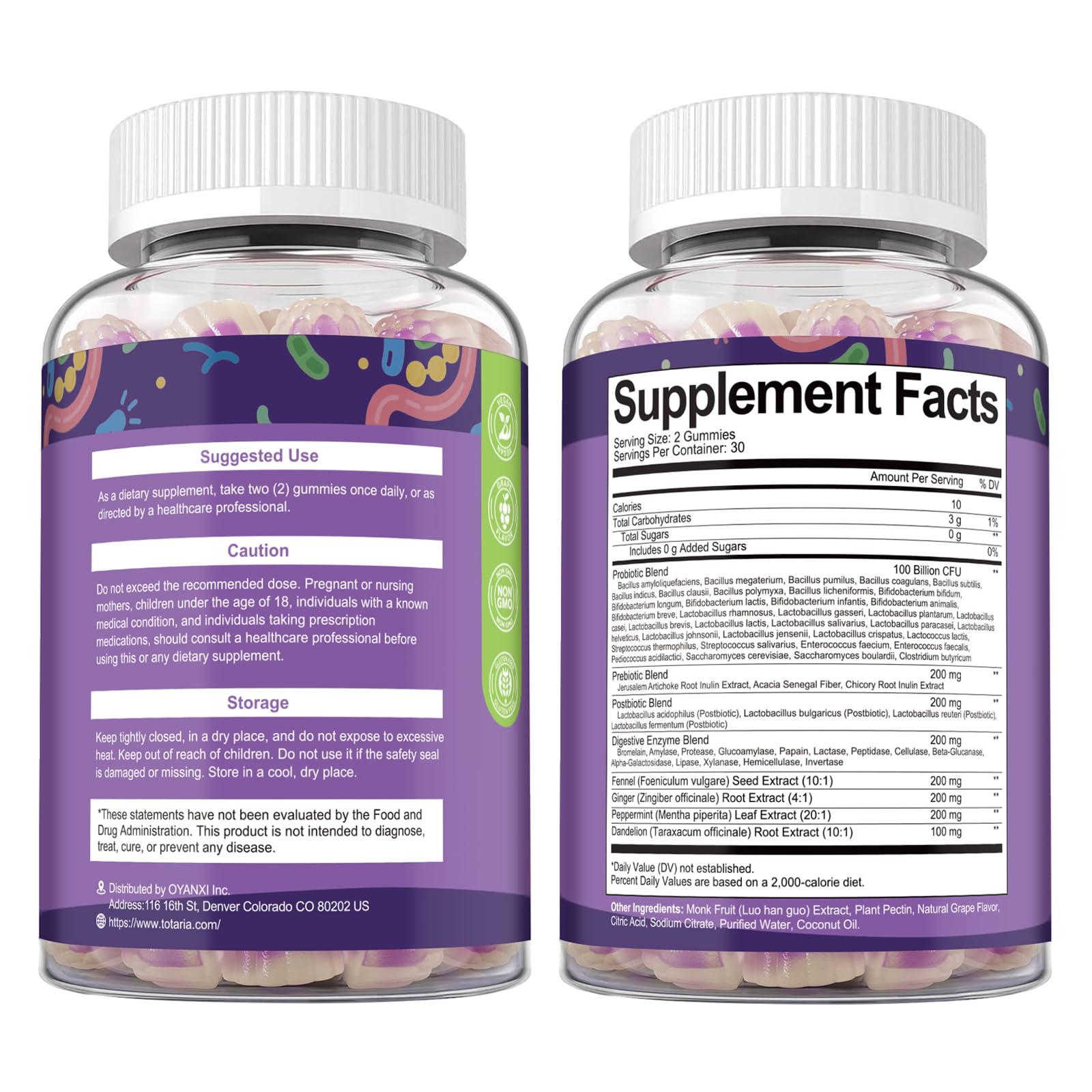 Sugar Free 5-in-1 Probiotic Prebiotic Postbiotic Gummy, 36 Strains Probiotics for Women Men with Digestive Enzymes, Peppermint, Complete Immune, Gut & Digestive Support, Vegan, 60 Ct, Grape Flavor