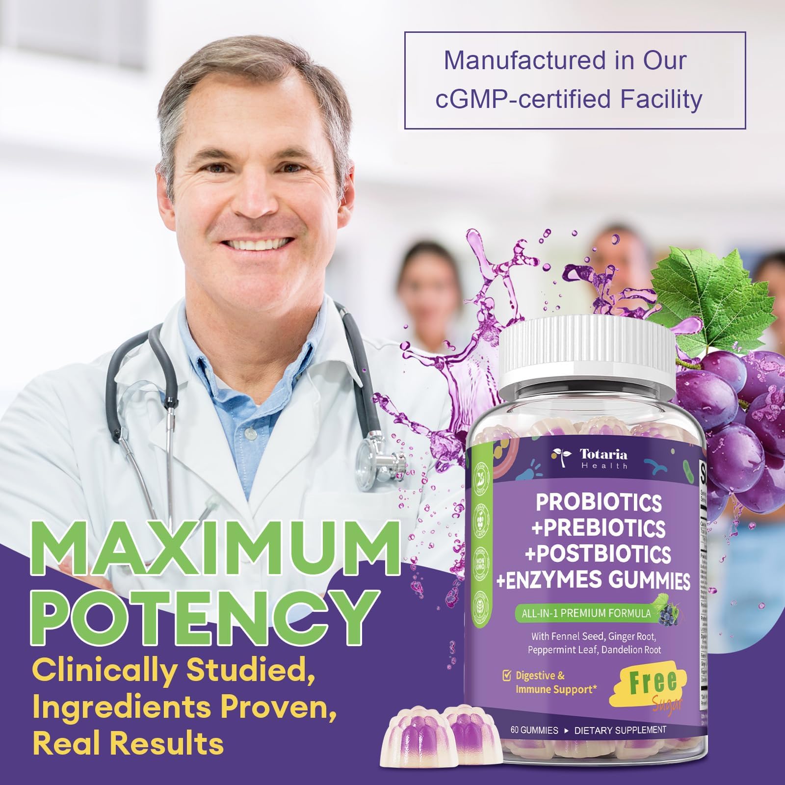 Sugar Free 5-in-1 Probiotic Prebiotic Postbiotic Gummy, 36 Strains Probiotics for Women Men with Digestive Enzymes, Peppermint, Complete Immune, Gut & Digestive Support, Vegan, 60 Ct, Grape Flavor