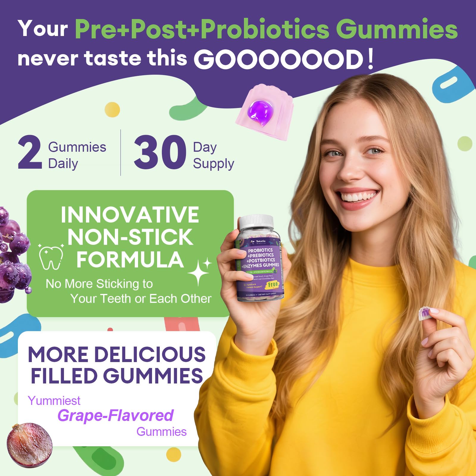 Sugar Free 5-in-1 Probiotic Prebiotic Postbiotic Gummy, 36 Strains Probiotics for Women Men with Digestive Enzymes, Peppermint, Complete Immune, Gut & Digestive Support, Vegan, 60 Ct, Grape Flavor