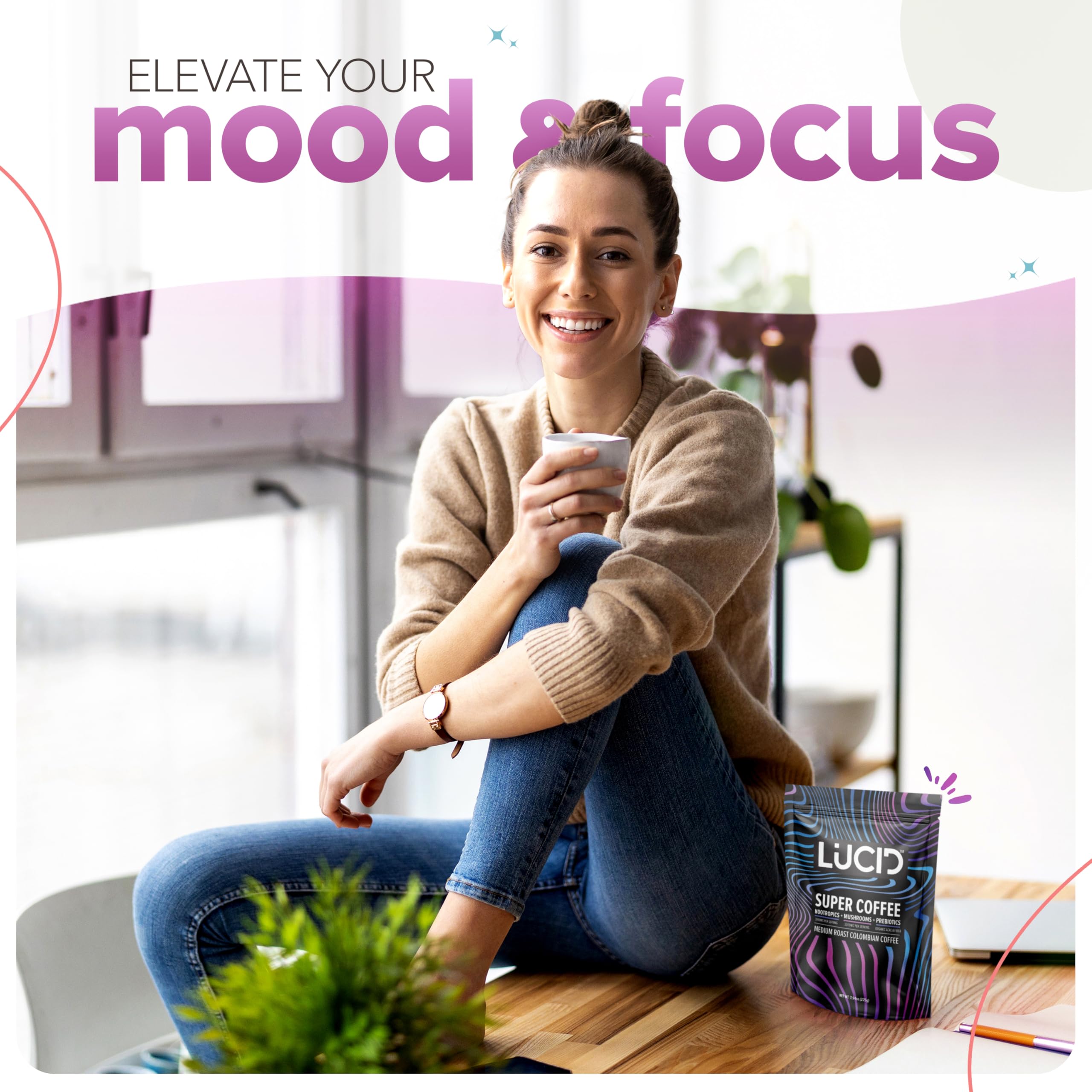 Lucid Superfood Organic Mushroom Coffee with Nootropics - Lion's Mane, Tremella, Cordyceps & Turkey Tail - Instant Mushroom Coffee Focus Brain Health - Alpha GPC, L-Theanine, Ginko Biloba - USA Made