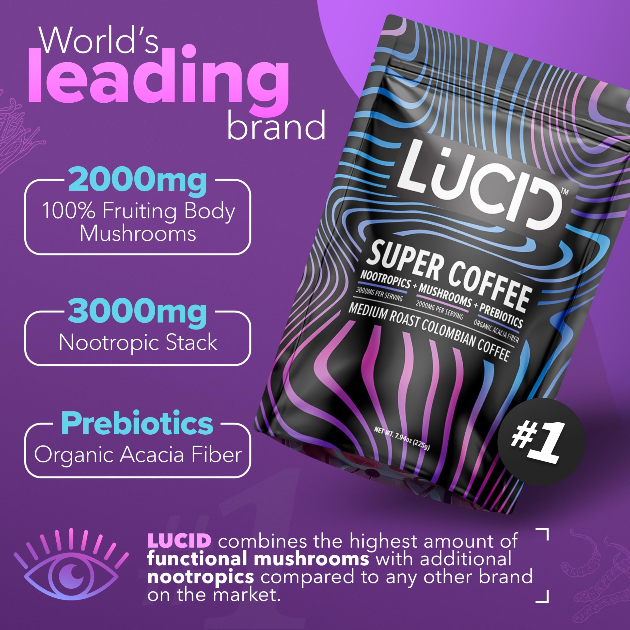Lucid Superfood Organic Mushroom Coffee with Nootropics - Lion's Mane, Tremella, Cordyceps & Turkey Tail - Instant Mushroom Coffee Focus Brain Health - Alpha GPC, L-Theanine, Ginko Biloba - USA Made