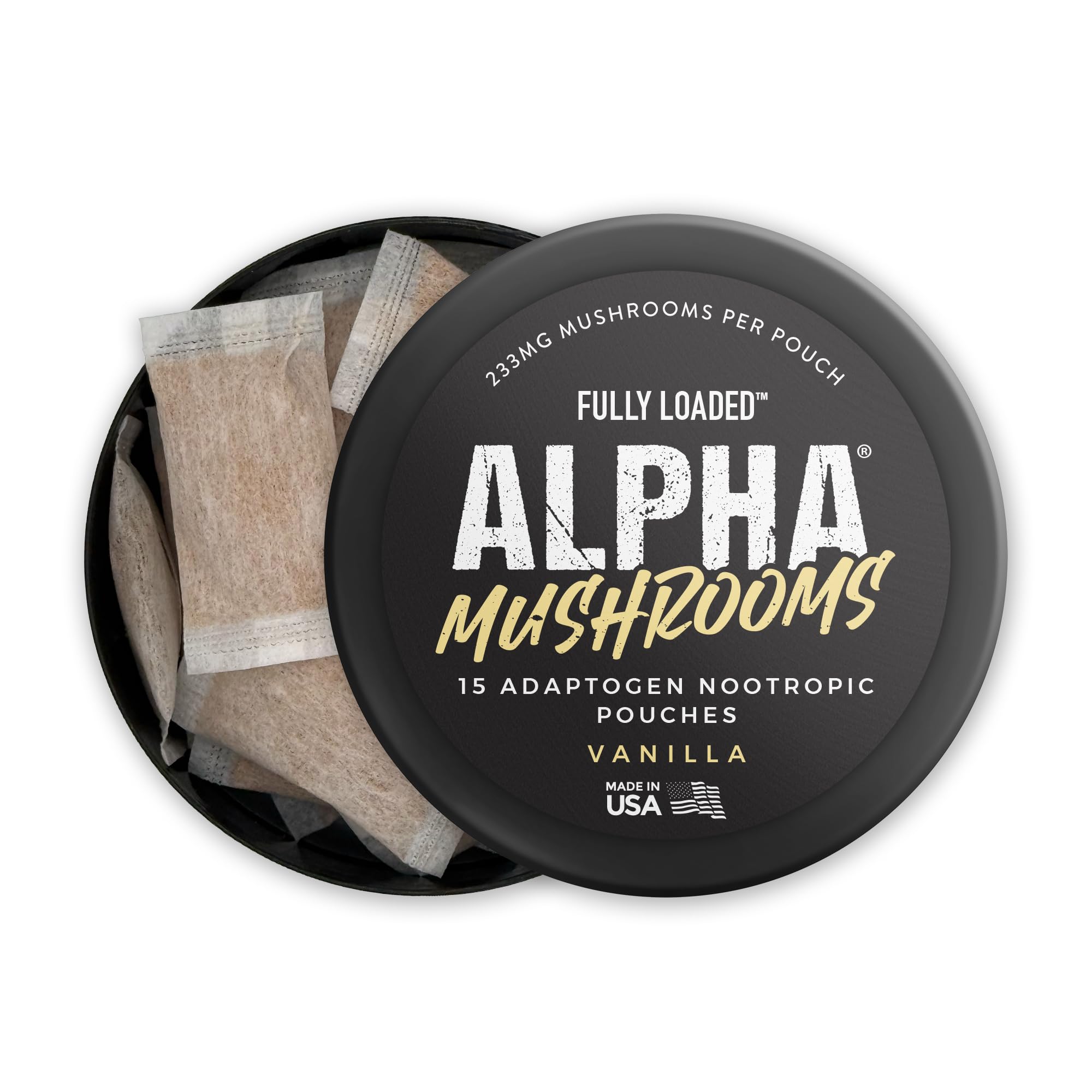 Fully Loaded Alpha Mushroom Pouches - Adaptogen Nootropic Pouches (5-Pack, Vanilla) - Lion's Mane, Cordyceps, & Chaga - 5 cans, 15 Pouches per can - Functional Mushrooms - Made in the USA