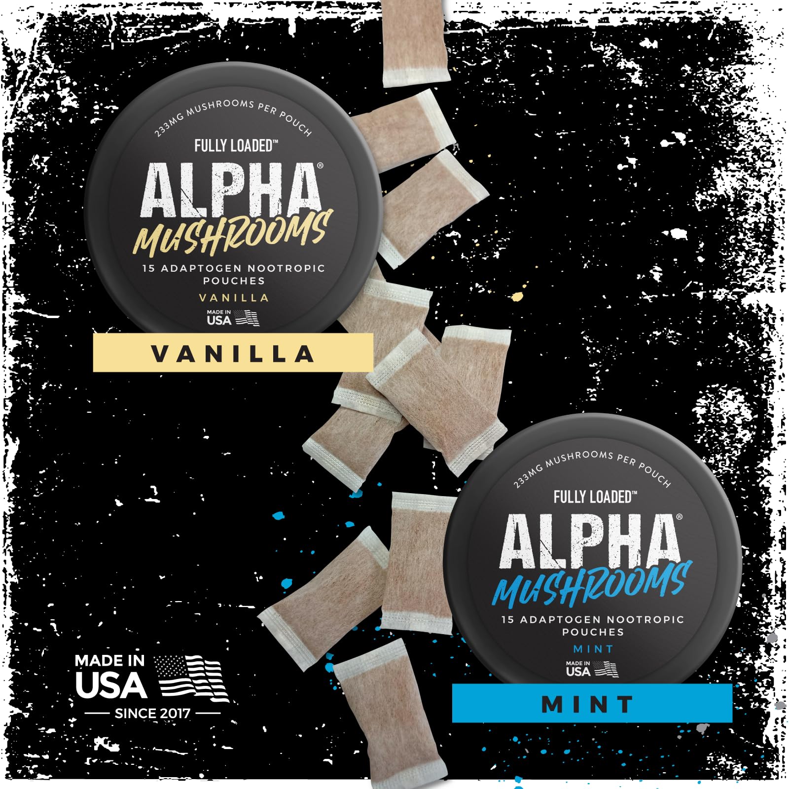 Fully Loaded Alpha Mushroom Pouches - Adaptogen Nootropic Pouches (5-Pack, Vanilla) - Lion's Mane, Cordyceps, & Chaga - 5 cans, 15 Pouches per can - Functional Mushrooms - Made in the USA