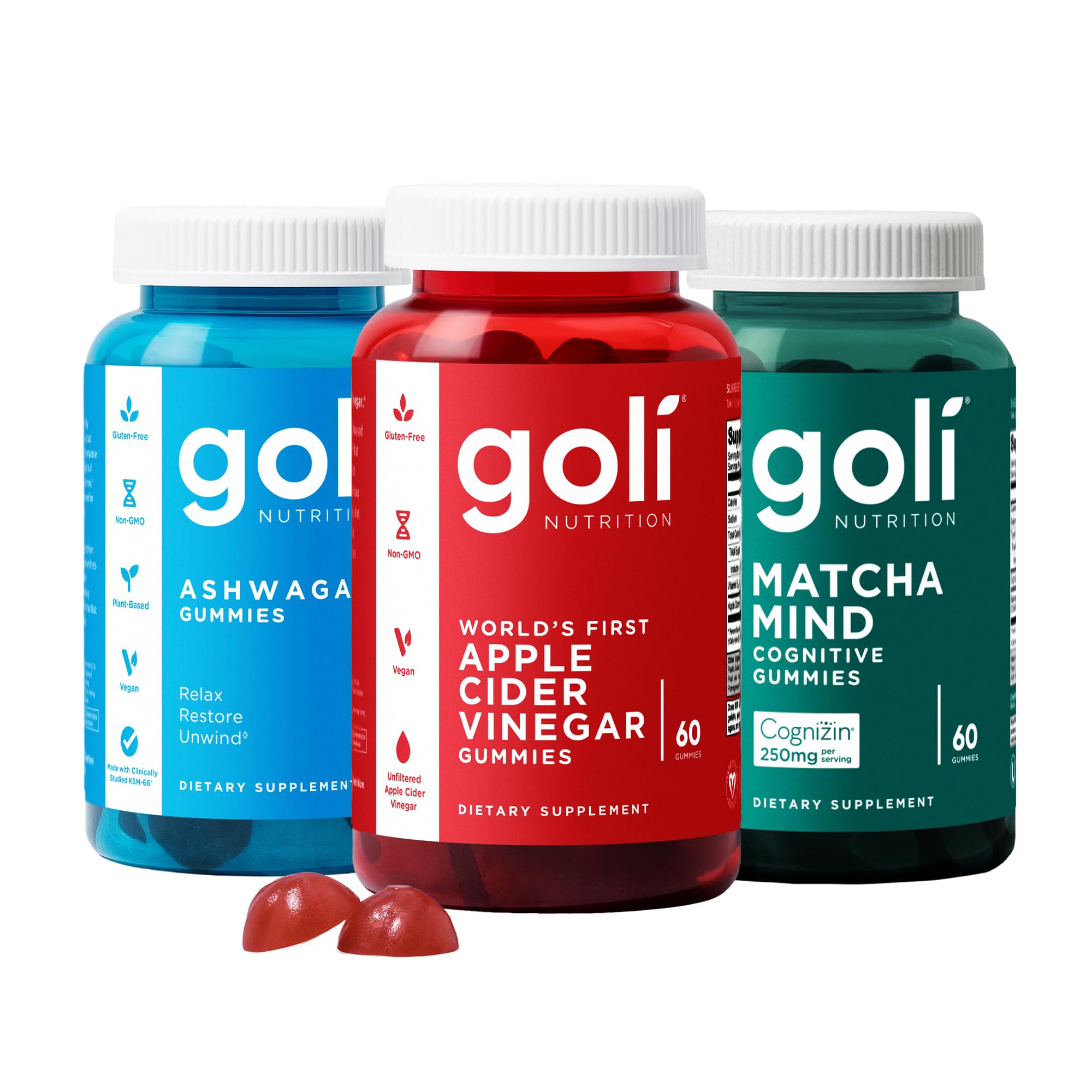 3 Bottles of Goli Favorites Bundle: Ashwagandha KSM-66, Apple Cider Vinegar, Matcha Mind Supplements with Cognizin, Vitamins D2 and B12