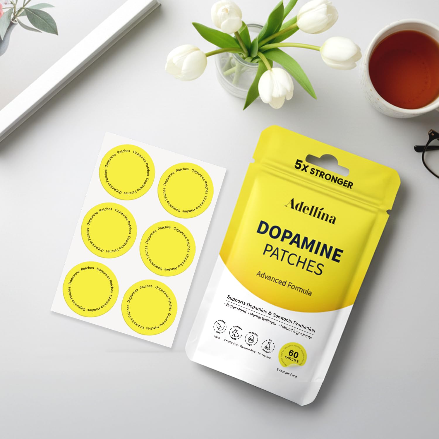 Adellina Dopamine Patches Extra Strength 60 Count: Mood Boost Patches for Daily Mental Wellness - Supports Dopamine & Serotonin Balance for Men Women, 2Months Pack