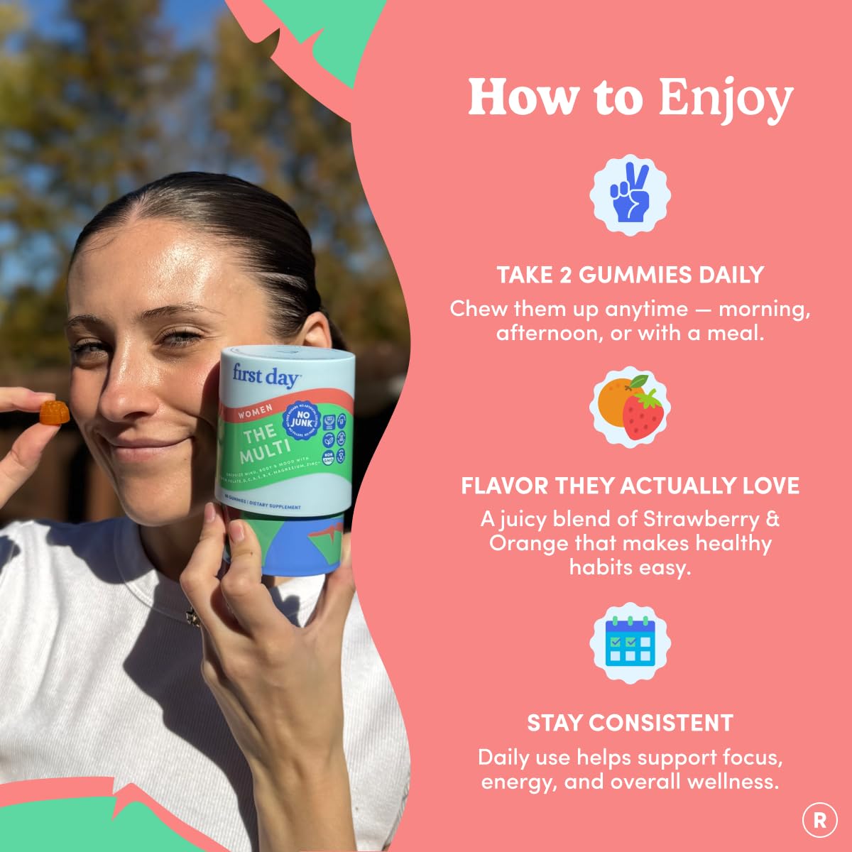 FIRST DAY Multivitamin for Women - Daily Womens Multivitamin Gummies - Vitamin A C D E B12, Magnesium, Zinc, Biotin – Vegan, Gluten Free Womens Vitamins - Hair Growth, Skin, Energy – 30 Day Supply