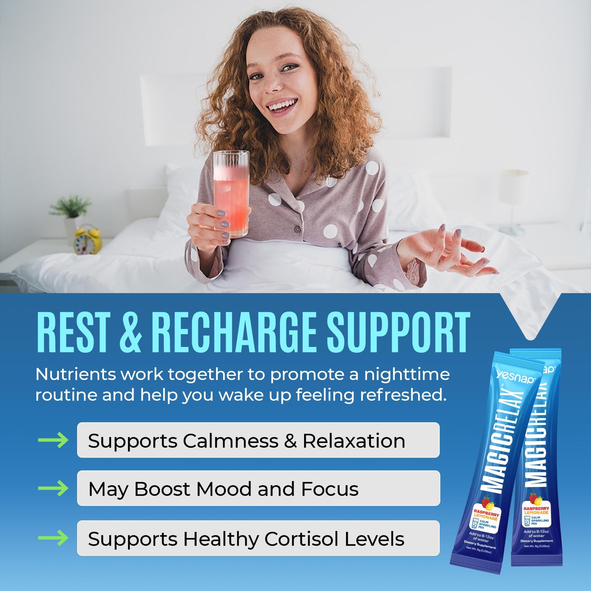 Yesnap MAGICRELAX Calming Sparking Mix 8-in-1 Magnesium KSM-66 Ashwagandha Saffron Vitamin D3 GABA L-Theanine Supports Healthy Cortisol Levels,Mood and Sleep No Sugar Non GMO Raspberry Lemonade Flavor