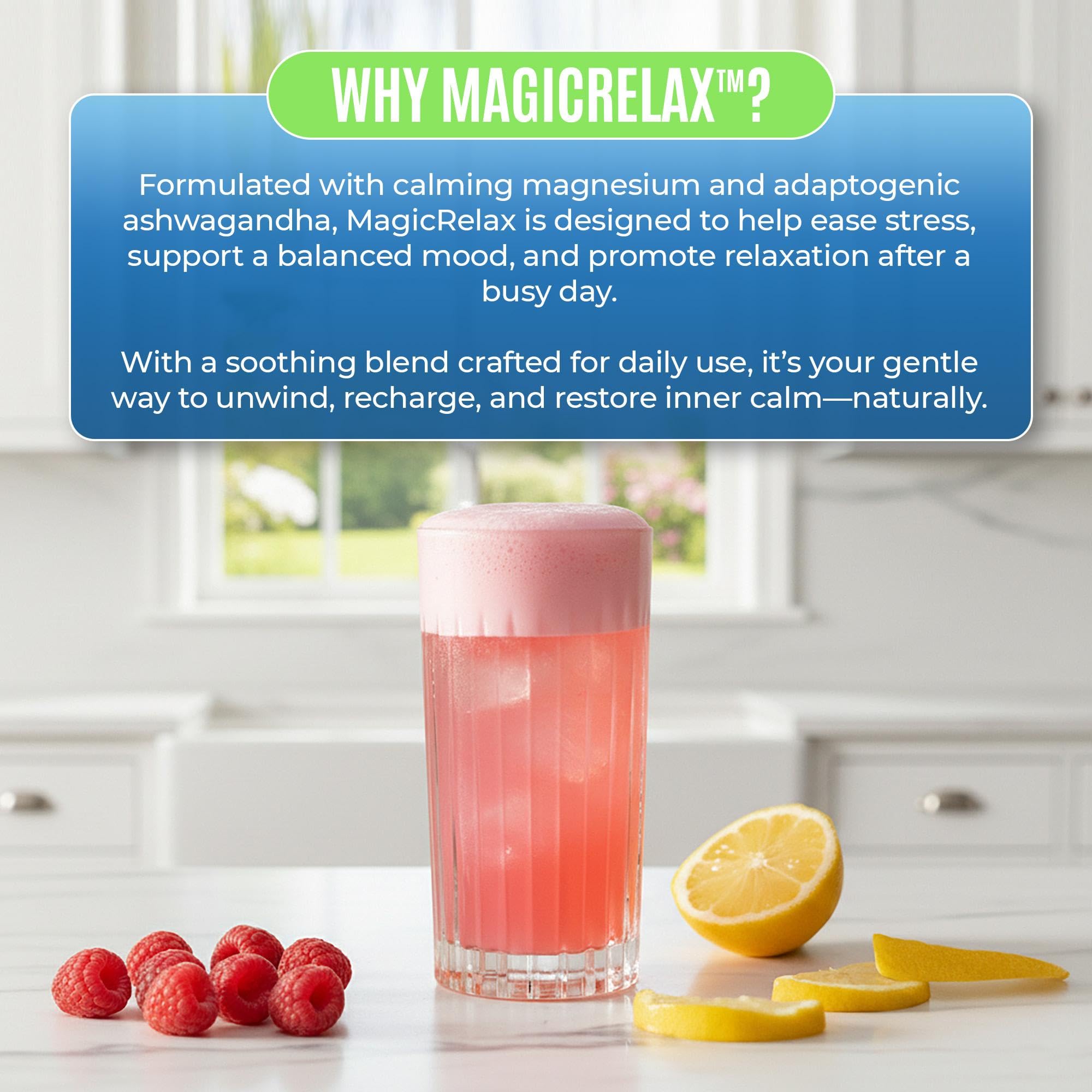 Yesnap MAGICRELAX Calming Sparking Mix 8-in-1 Magnesium KSM-66 Ashwagandha Saffron Vitamin D3 GABA L-Theanine Supports Healthy Cortisol Levels,Mood and Sleep No Sugar Non GMO Raspberry Lemonade Flavor
