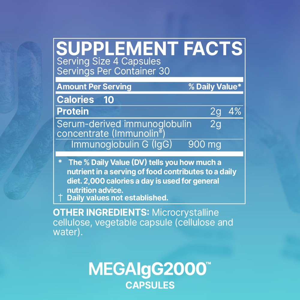 Microbiome Labs Mega IgG2000 Capsules - Dairy Free Bovine Colostrum Supplement Alternative - Immunoglobulin Supplement from Bovine Serum to Support Digestive Health (120 Capsules)