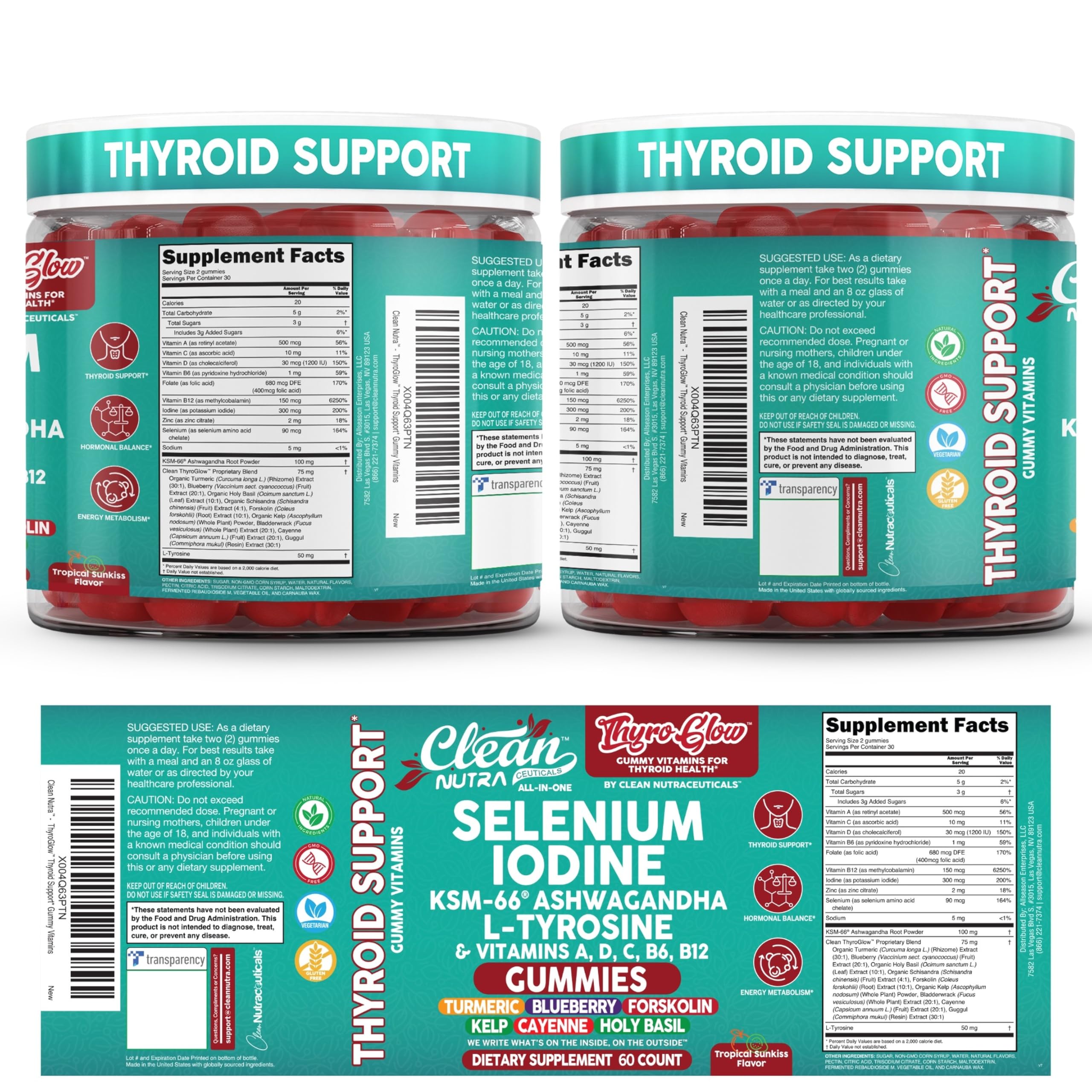 ThyroGlow Thyroid Support Gummies Selenium Iodine KSM 66 Ashwagandha L Tyrosine Vitamin D, C, B12, B6 Turmeric Blueberry Holy Basil Folate Bladderwrack by Clean Nutra