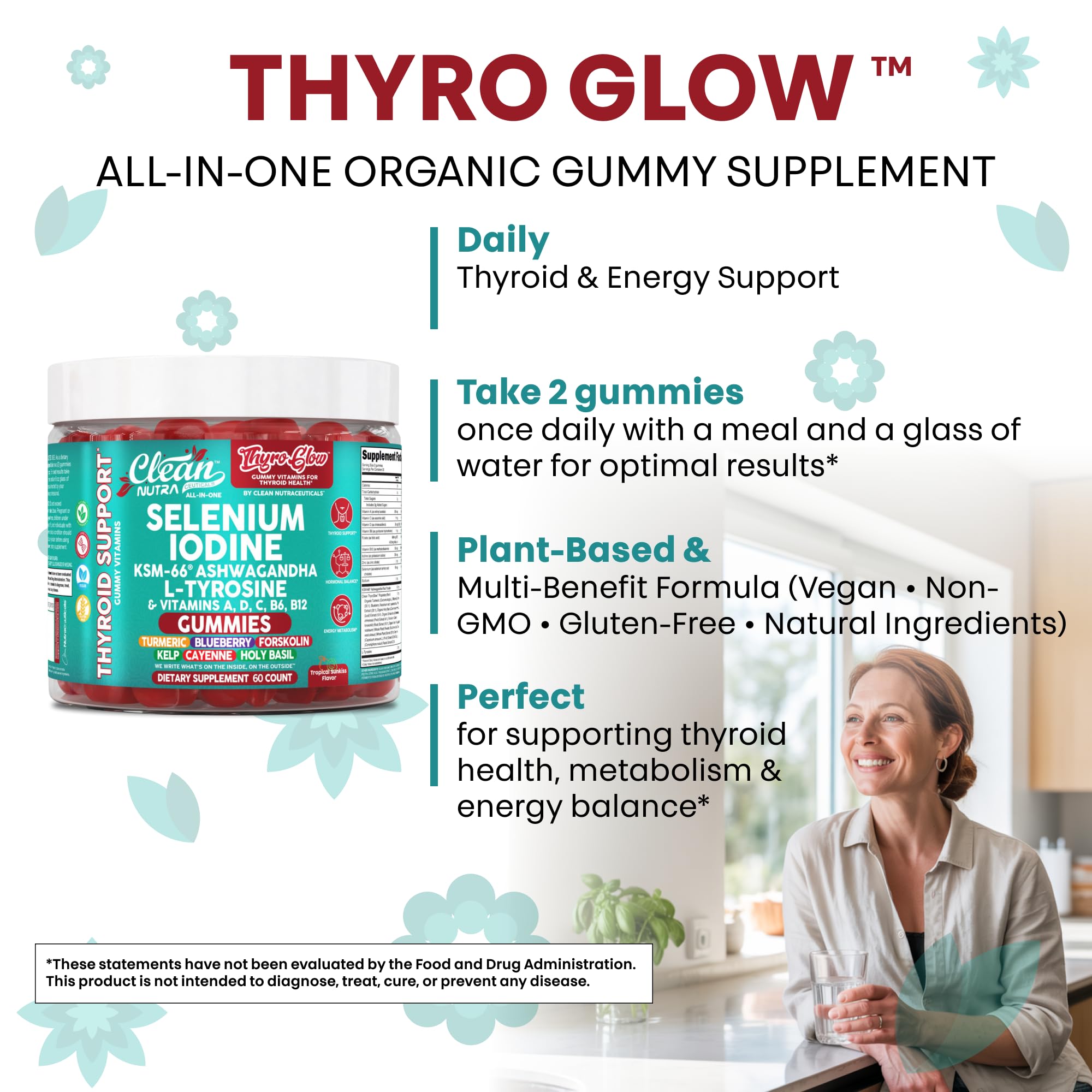 ThyroGlow Thyroid Support Gummies Selenium Iodine KSM 66 Ashwagandha L Tyrosine Vitamin D, C, B12, B6 Turmeric Blueberry Holy Basil Folate Bladderwrack by Clean Nutra