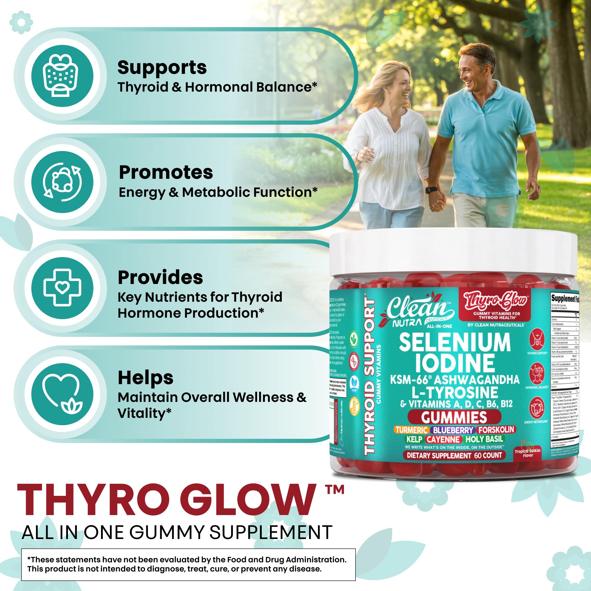 ThyroGlow Thyroid Support Gummies Selenium Iodine KSM 66 Ashwagandha L Tyrosine Vitamin D, C, B12, B6 Turmeric Blueberry Holy Basil Folate Bladderwrack by Clean Nutra