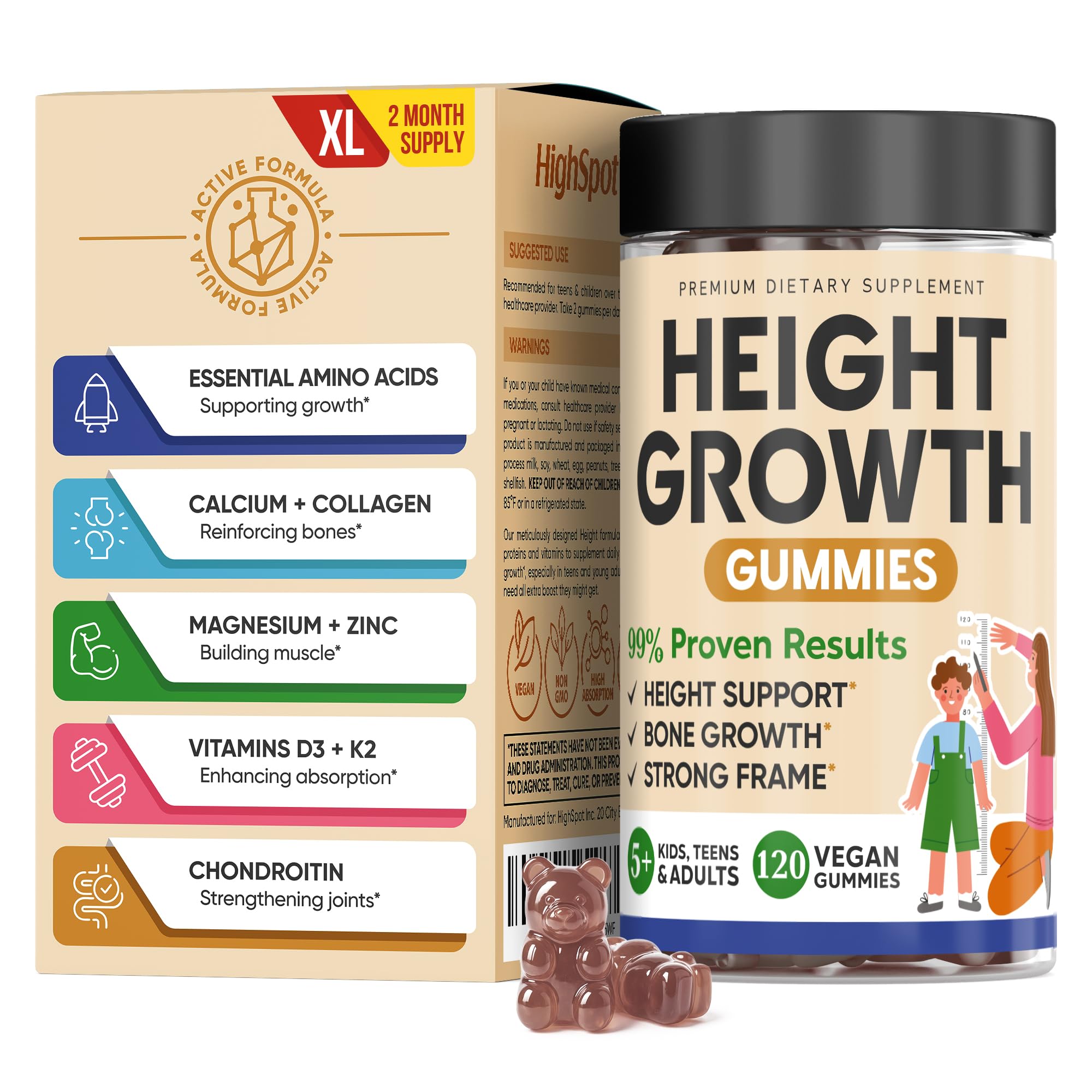 Height Growth Increase Vitamin Gummies, Calcium 100mg, Magnesium Glycinate 30mg, Zinc, Ashwagandha, Vitamin K2 D3 25mg Grow Tall Maximizer Supplement, Multivitamin for Kids, Teens Boy & Girl, Adults