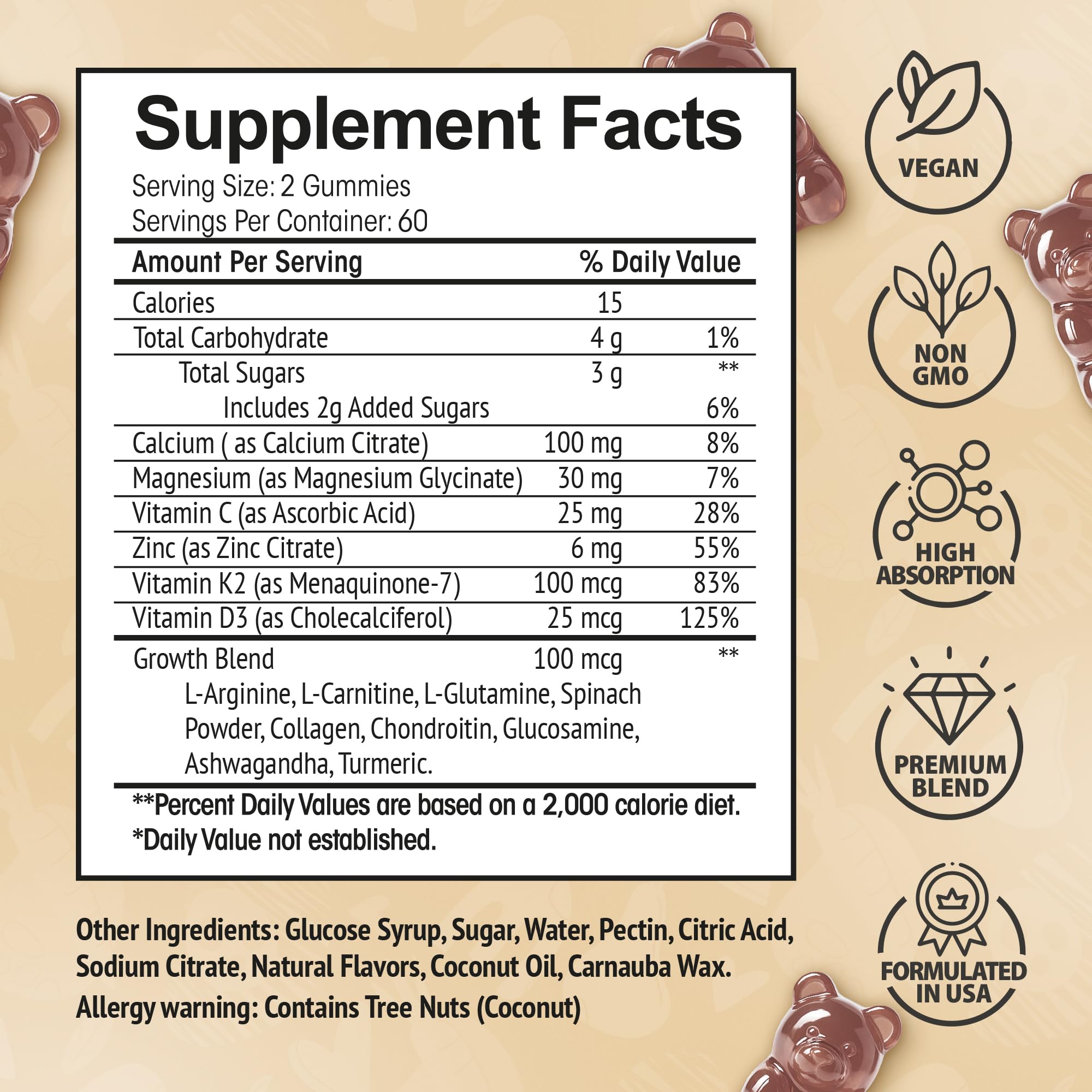 Height Growth Increase Vitamin Gummies, Calcium 100mg, Magnesium Glycinate 30mg, Zinc, Ashwagandha, Vitamin K2 D3 25mg Grow Tall Maximizer Supplement, Multivitamin for Kids, Teens Boy & Girl, Adults