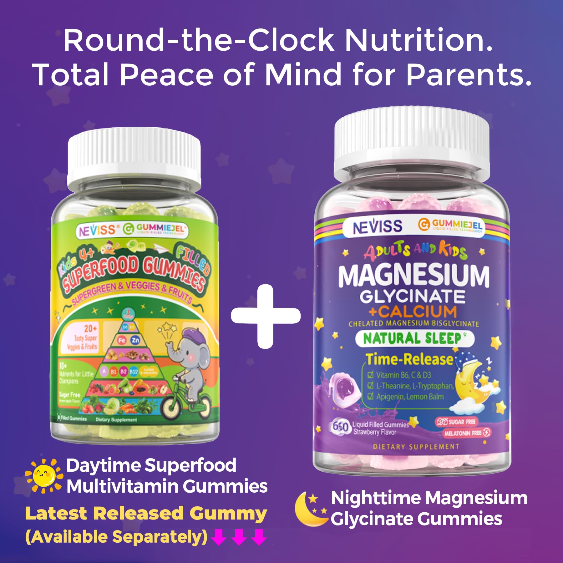Neviss Magnesium Glycinate + Calcium Filled Gummies for Adults and Kids 4+, Kids Sleep Gummies Melatonin Free, Sugar Free Magnesium Supplement with B6 D3, L-Theanine for Zzz & Relax, Brain,Bone,Muscle