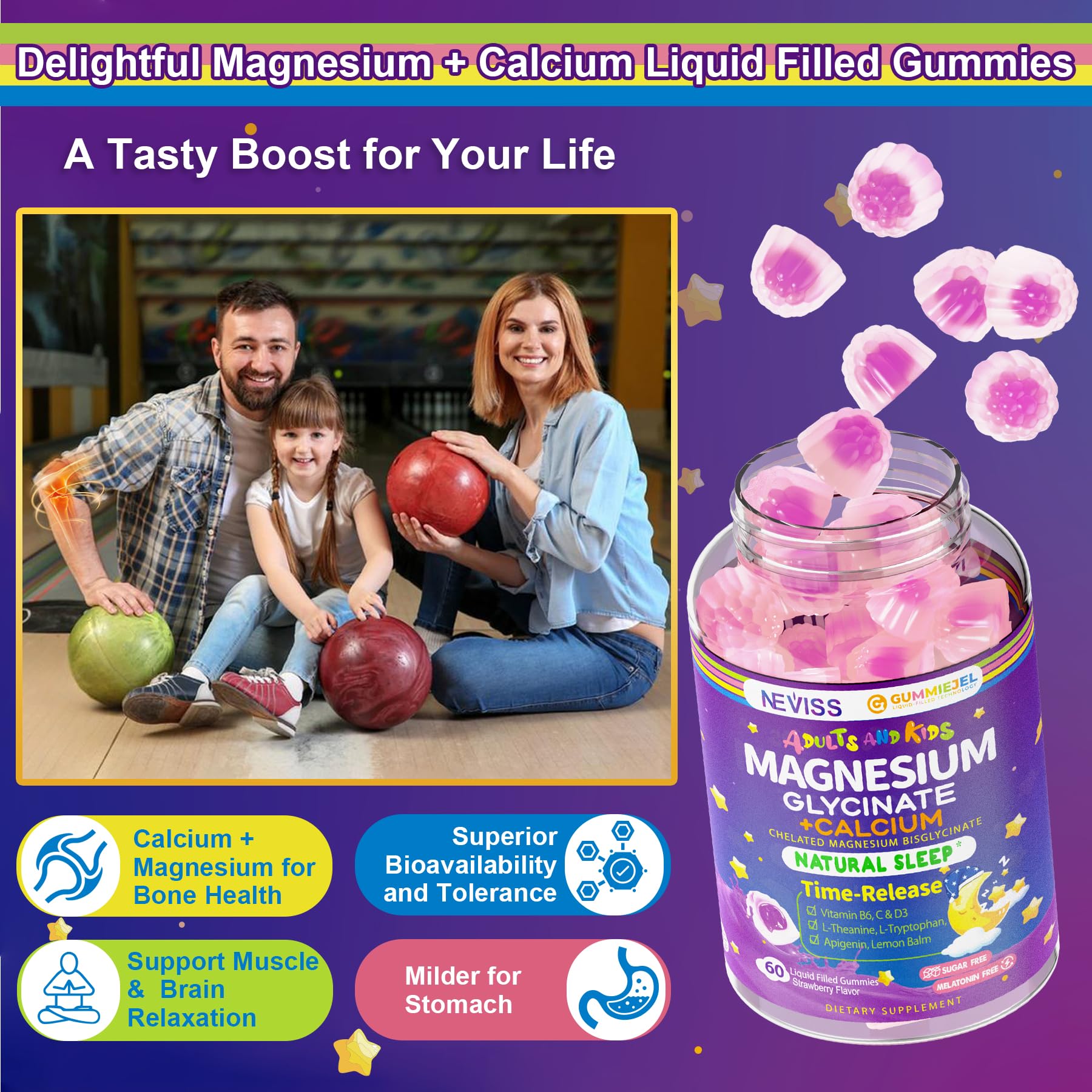 Neviss Magnesium Glycinate + Calcium Filled Gummies for Adults and Kids 4+, Kids Sleep Gummies Melatonin Free, Sugar Free Magnesium Supplement with B6 D3, L-Theanine for Zzz & Relax, Brain,Bone,Muscle