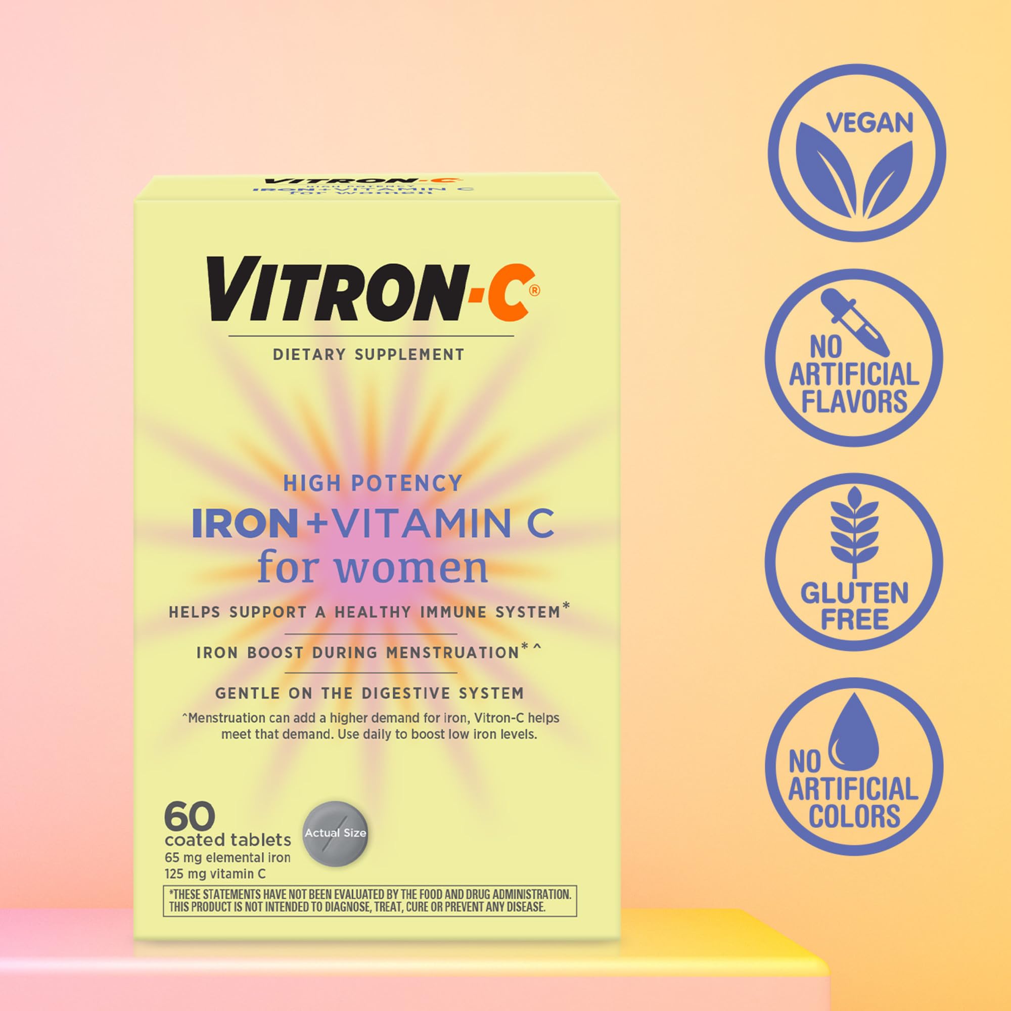 Vitron-C Iron Supplement for Women with Vitamin C, for Red Blood Cell Production & Immune Support, 60 Count